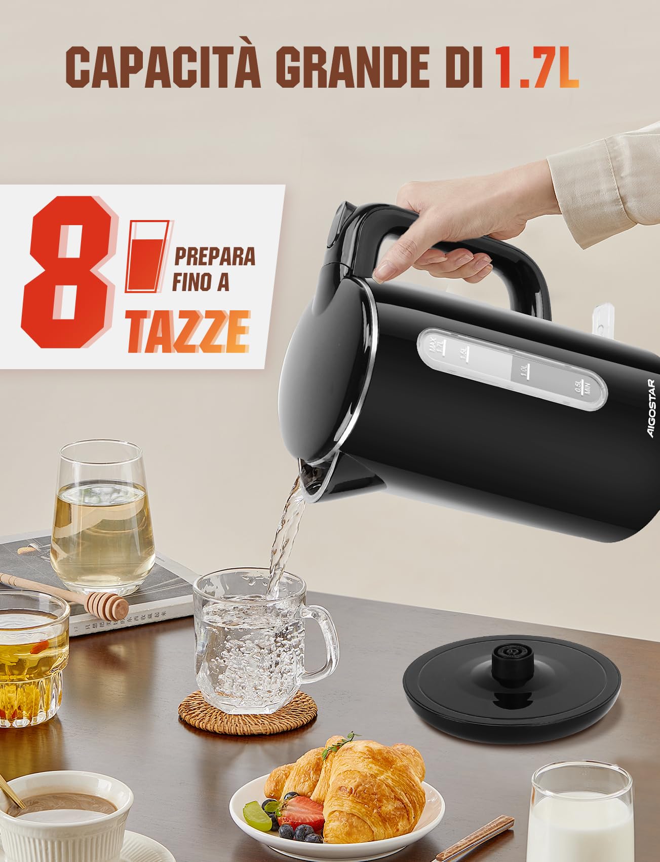 Aigostar Bollitore Elettrico Acciaio Inox Nero 1,7 Litri - Bollitura Rapida Electric Kettle 2200W, Doppio Isolamento, Senza Plastica All'interno, Senza BPA, Visualizzazione del Livello Dell'acqua