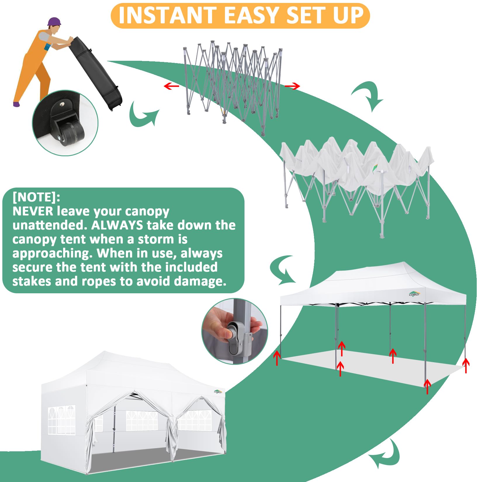 COBIZI Gazebo pieghevole 3x6 impermeabile, tenda da giardino all'aperto con pareti laterali, anti raggi UV, tenda per esterni, spiaggia, terrazza (3x6 m, bianco)