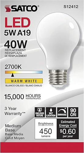Miniatura 3 de Satco Paquete de 24 lámparas de filamento LED regulables, S12412, lúmenes altos, 5 vatios, A19; blanco suave; 2700 K; base media; 90 CRI; 120