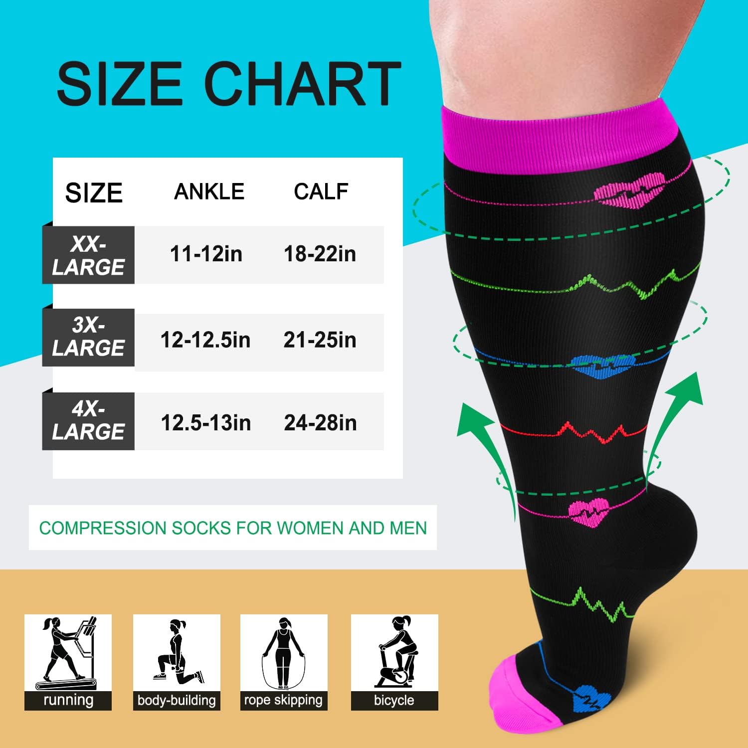 FuelMeFoot Plus Size Compression Socks Wide Calf for Women and Men 20-30 mmHg Extra Large for Circulation Support Recovery
