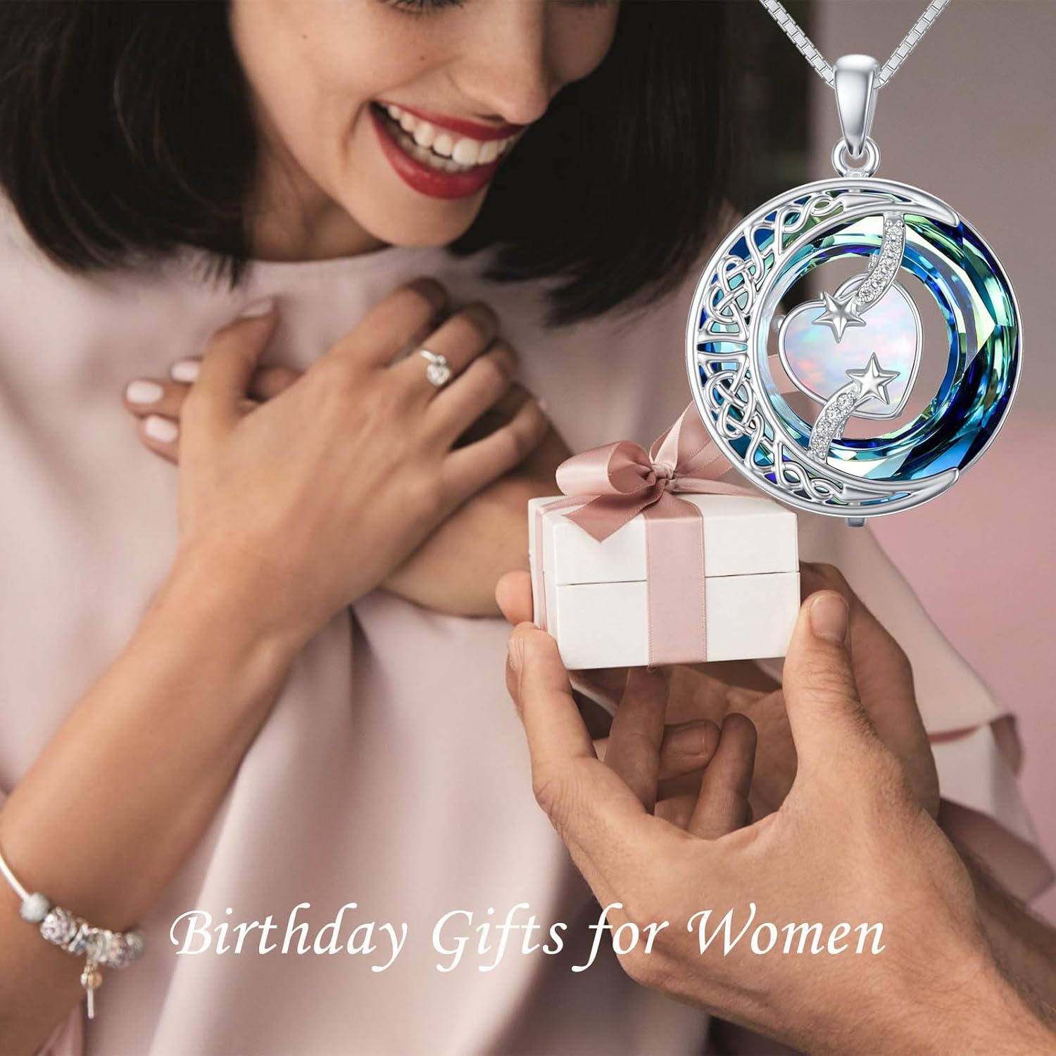 TOUPOP Birthstone Necklace 925 Sterling Silver Moon and Star Pendant with Blue Crystal Celtic Moon Jewelry Anniversary Birthday Gifts for Women Mom Wife Her - Image 3