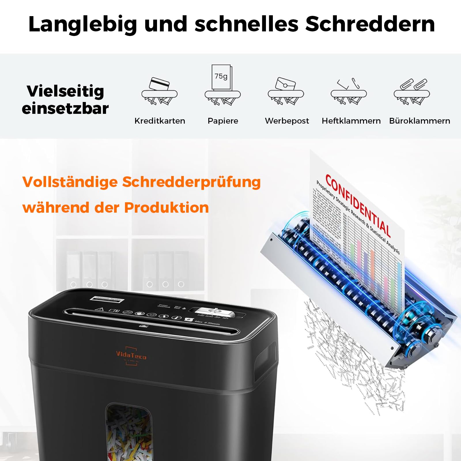 VidaTeco Schredder 6 Blatt Kreuzschnitt P-4 Aktenvernichter Büros und Home | Partikelschnitt Papierschredder für Papier/Kreditkarten,Reisswolf mit Tragbares Griffdesign 11.5L Behälter Schwar