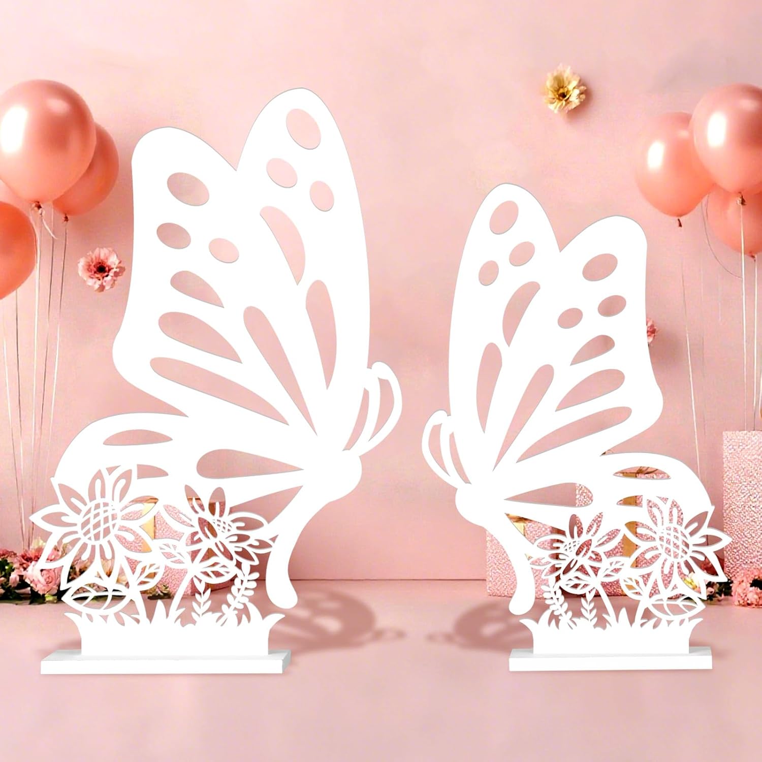 2 Pieces Large Size Wooden Butterfly Decoration Giant Butterflies Decorations White Flowers Large Wooden Photograph DIY Art Craft for Room Decor Wedding Party (White Butterfly With Flower)