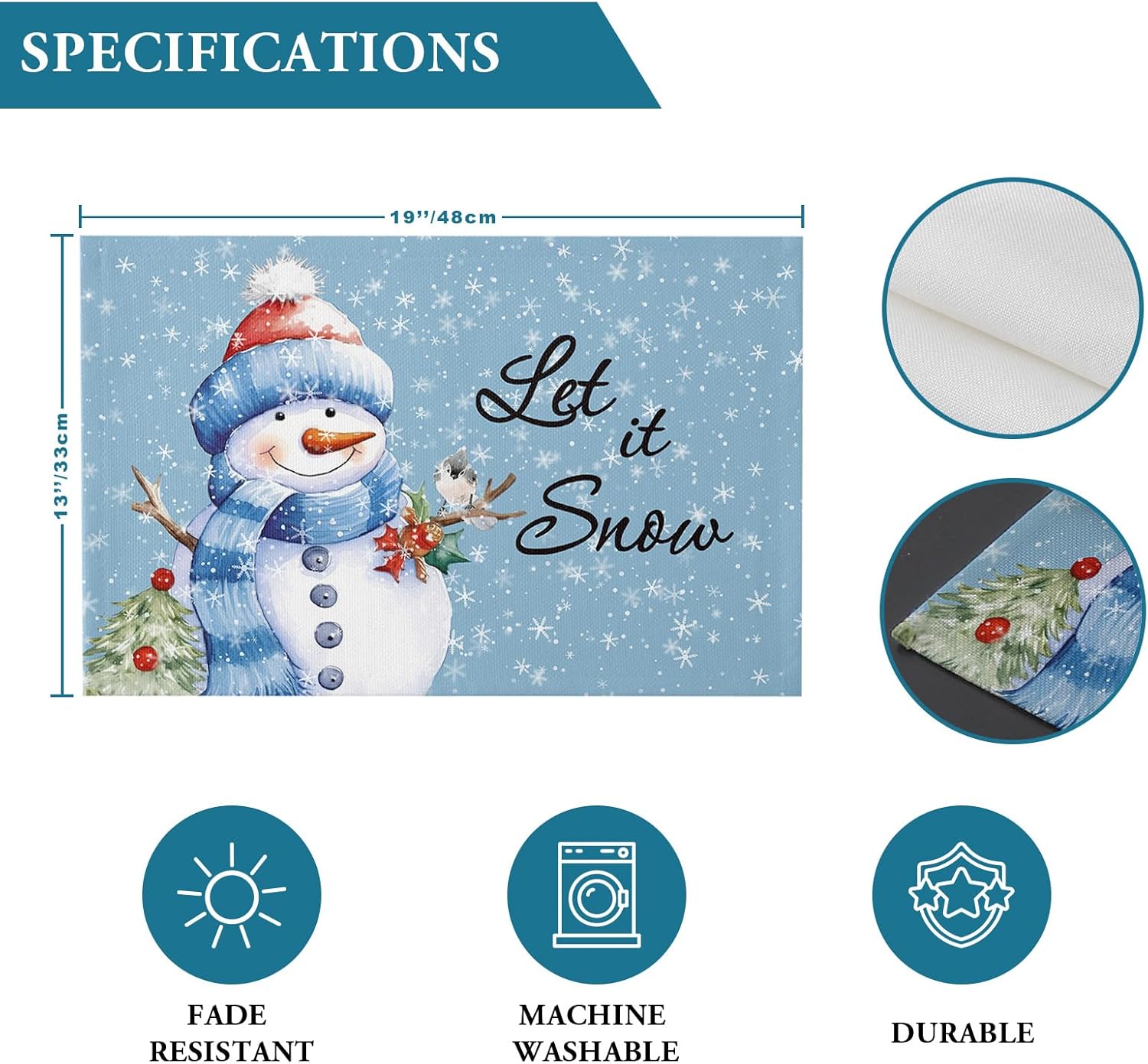 Christmas Placemats Set of 6, Snowman with Bird Placemat for Dining Table Decorations, Cotton Linen White Snowflake Place Mats, Xmas Table Mats for Kitchen Dinner Holiday Party Decor Gift