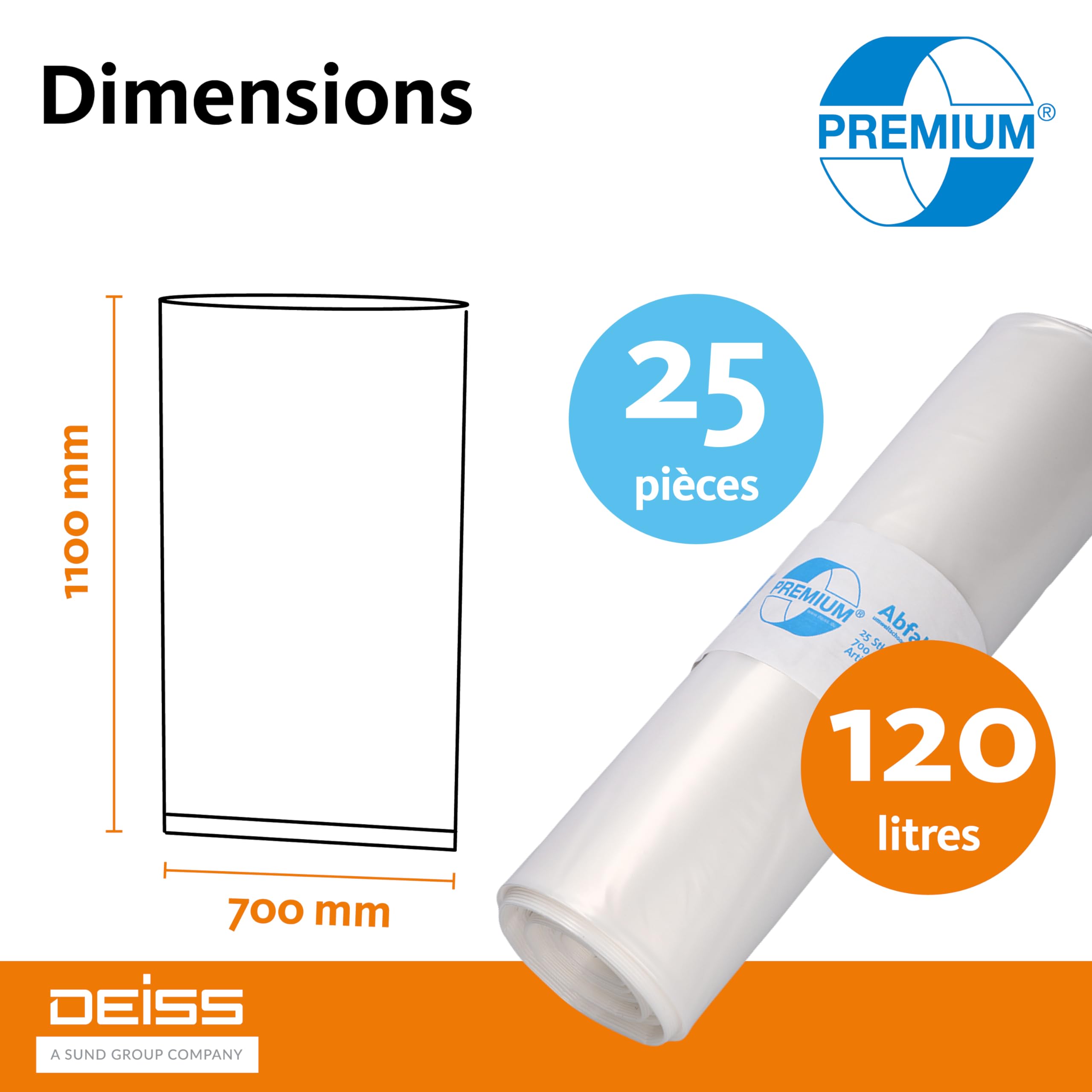 DEISS Sacs à déchets transparents 120L – 700x1100 mm – 70 µm – LDPE recyclé – 25 sacs/rouleau – haute résistance – pour restauration, nettoyage, industrie et collectivités