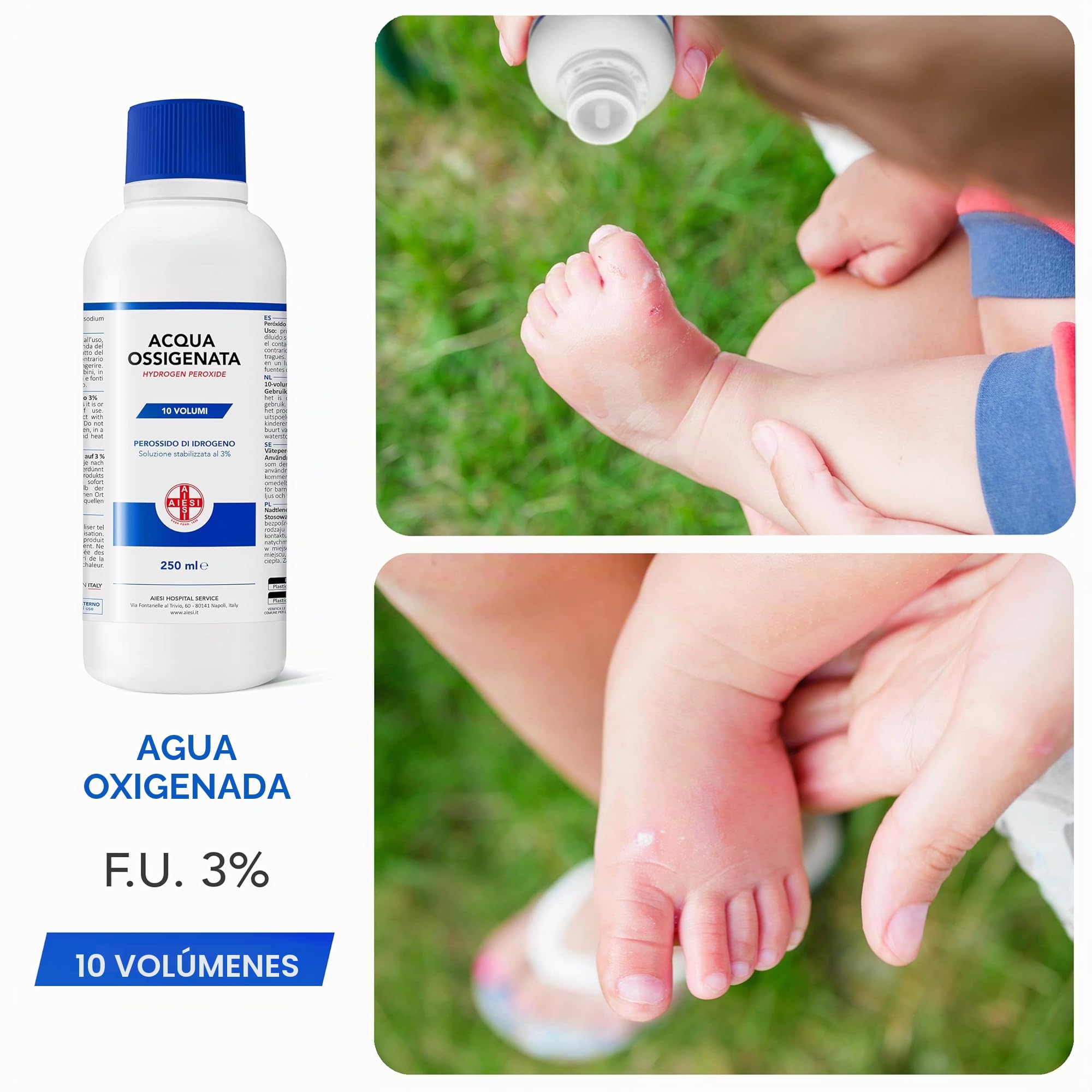 AIESI® Agua Oxigenada Ph.Eur. desinfectante (12x250 ml) con tapa de seguridad para niños, Made in Italy