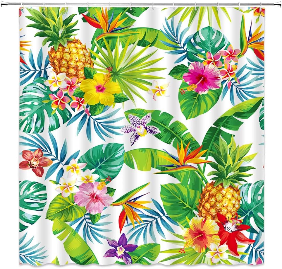 Tropical Floral Shower Curtain Palm Banana Leaves Hibiscus Pineapple Hawaii Watercolor Flower Leaf Fruit Plumeria Green Yellow Pink Home Decor Bathroom Fabric Set with Hooks(70" Wx84 H)