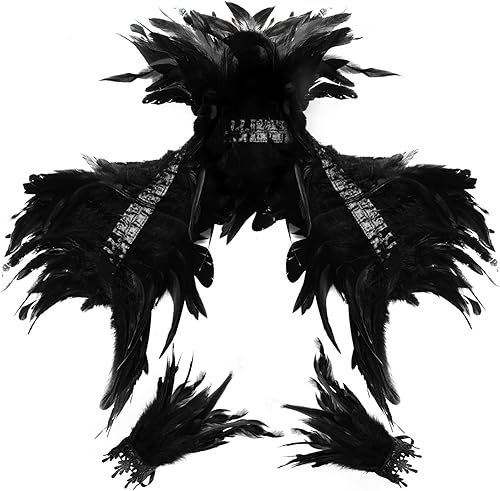 YoleShy Chal de plumas negras con puños de plumas naturales, disfraz de plumas para mujer, collar de plumas para disfraces de Halloween, cosplay,