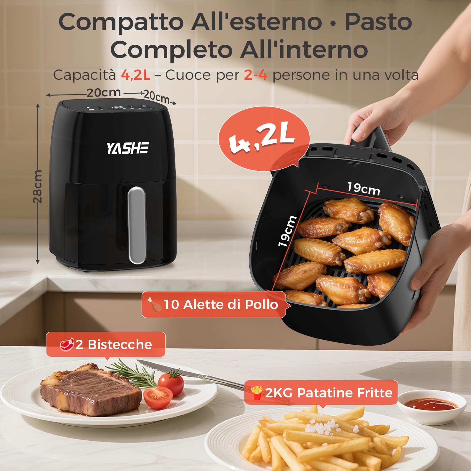 YASHE 1500W Friggitrice ad Aria 4,2L con Touch Screen LED in Vetro Temperato, 6 Programmi, Temperatura e Timer Regolabili, Cestello Antiaderente Lavabile in Lavastoviglie, Cottura Sana Senza Olio