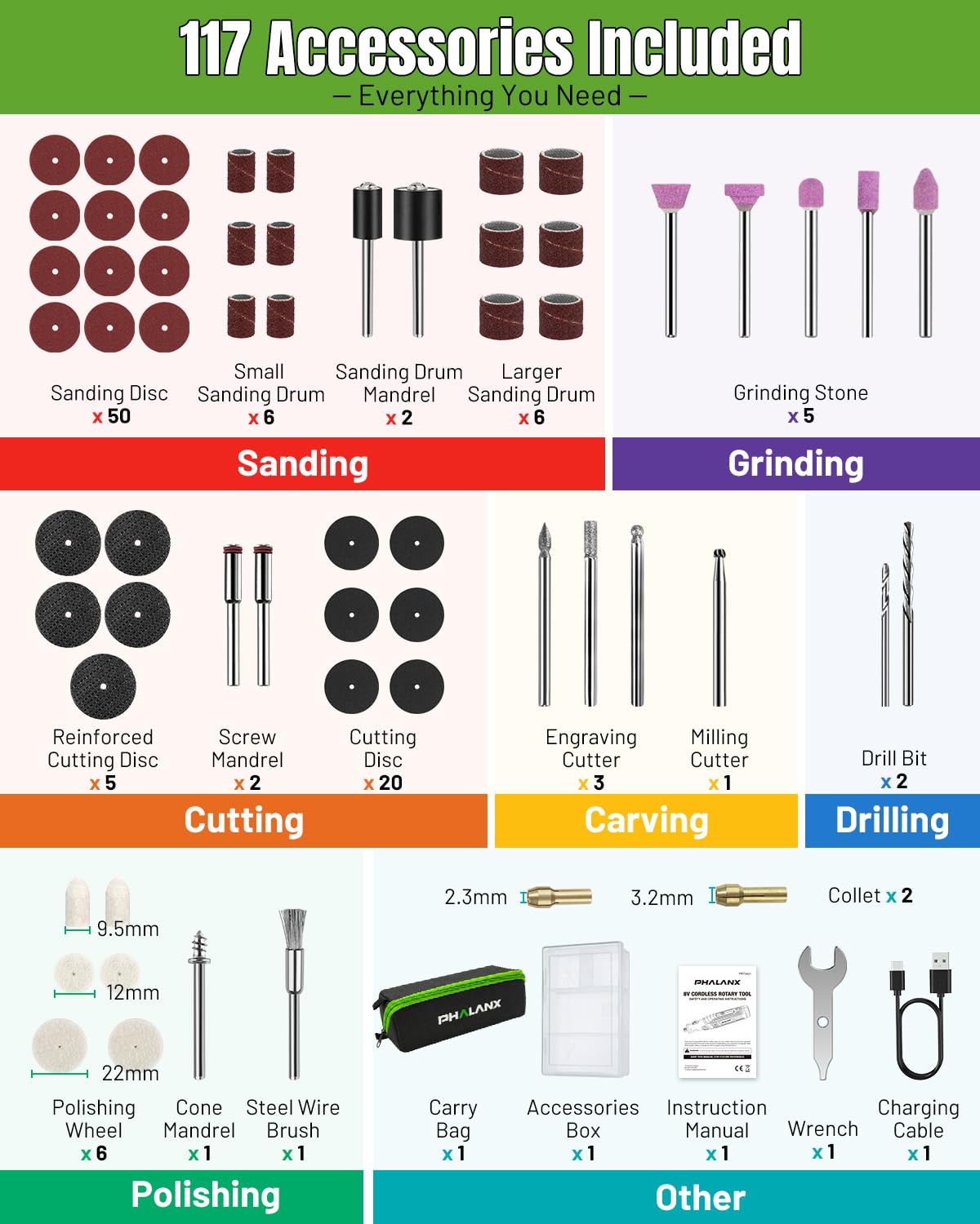 PHALANX Kit di utensili rotanti senza fili da 8 V, batteria da 2,0 Ah, strumento rotante ricaricabile con 73 accessori, luce LED a 5 velocità, ideale per levigatura, intaglio, lucidatura, incisione