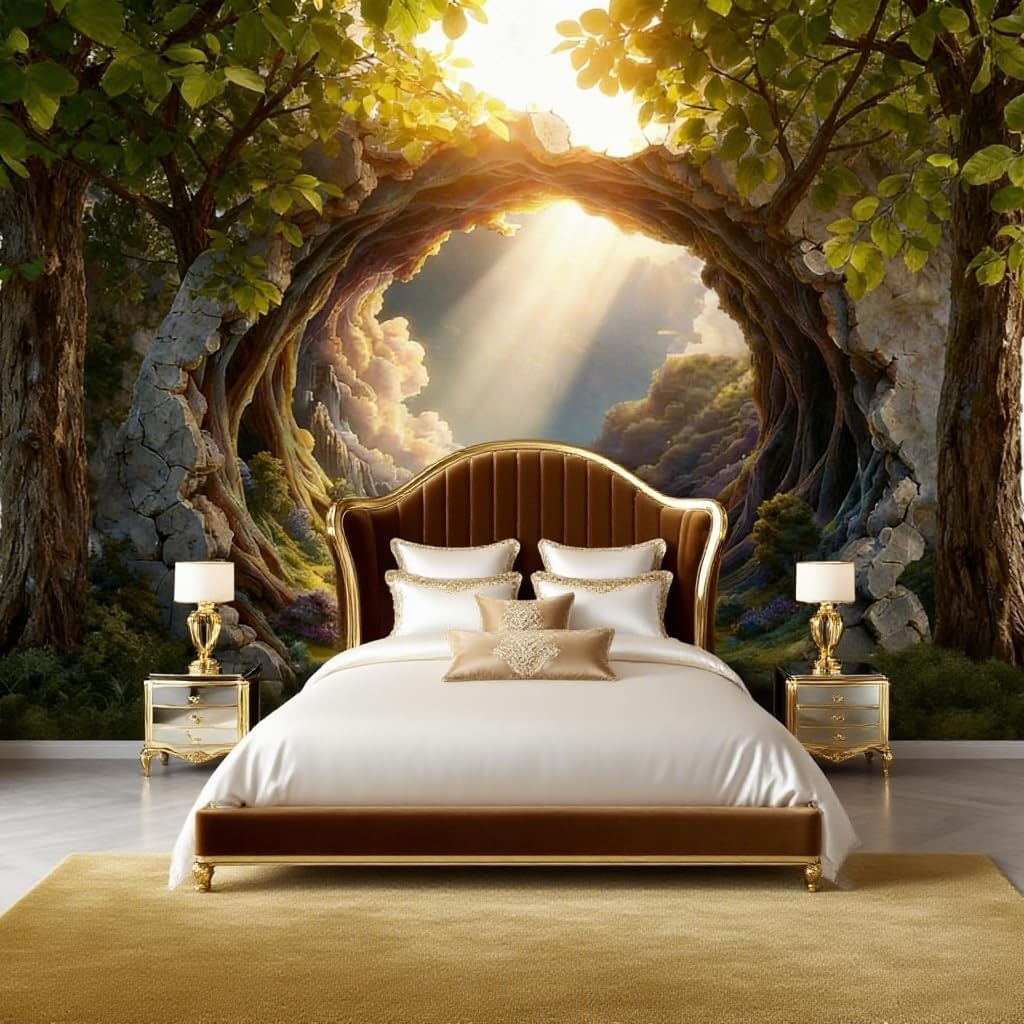 Fantasy Landscape Wall Mural, Nature Scene with Mountains and River, Custom 3D Wallpaper for Bedroom, Large Format Digital Print (157" L x 110" H)