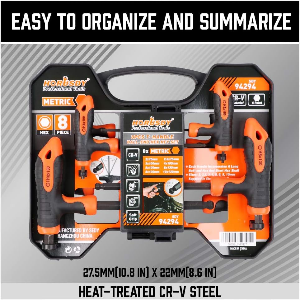 HORUSDY 8-Piece T-Handle allen wrench set, Metric Long Arm Ball End Hex Key Wrench Set, (2mm-10mm) - - 