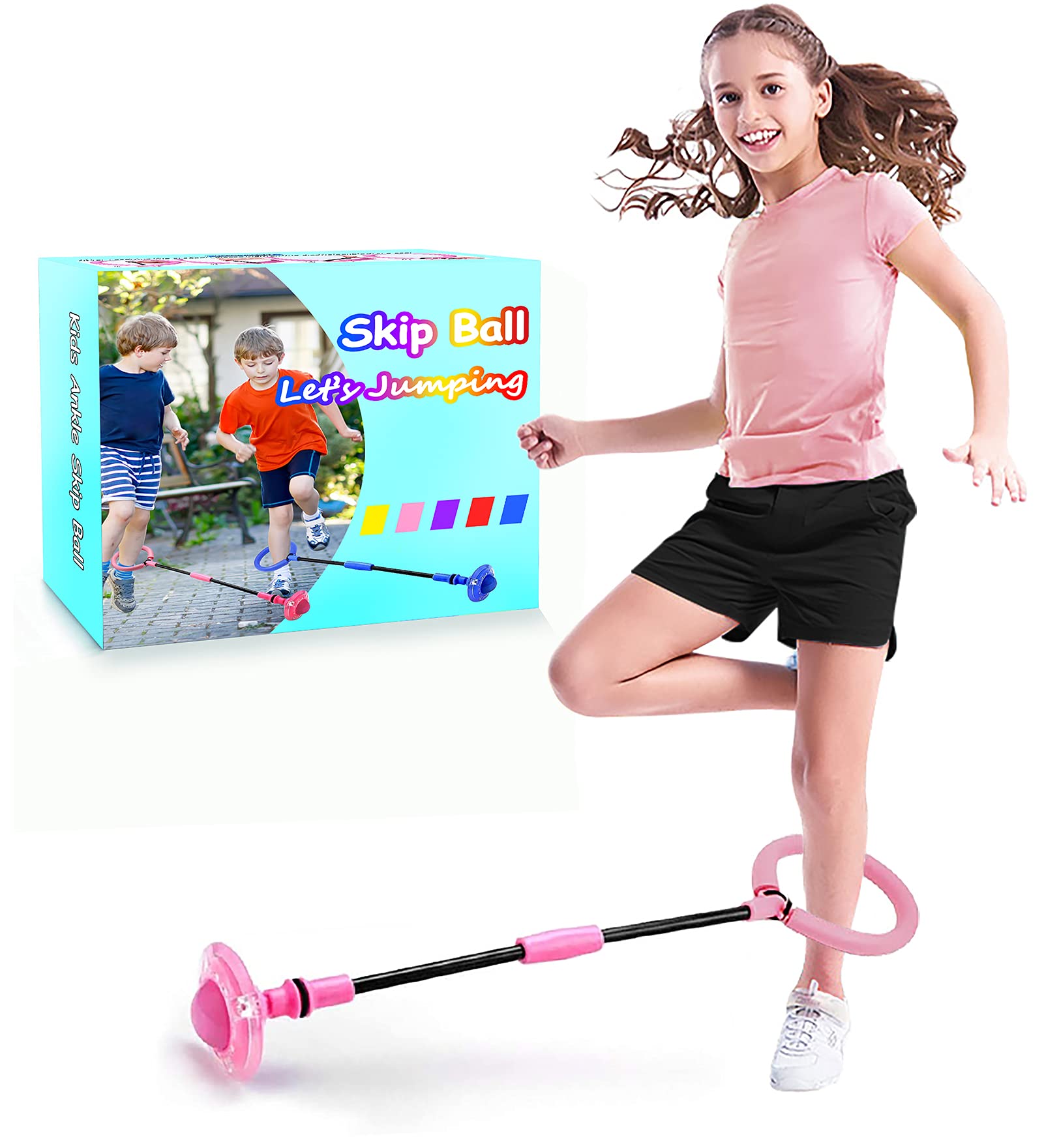 Kids Skip Ball,Foldable Ankle Skip It Ball Flashing Jumping Ring Colorful Sports Swing Ball Fitness Fat Burning Jump Rope Exercise Skipping Toy for Kids (Pink)
