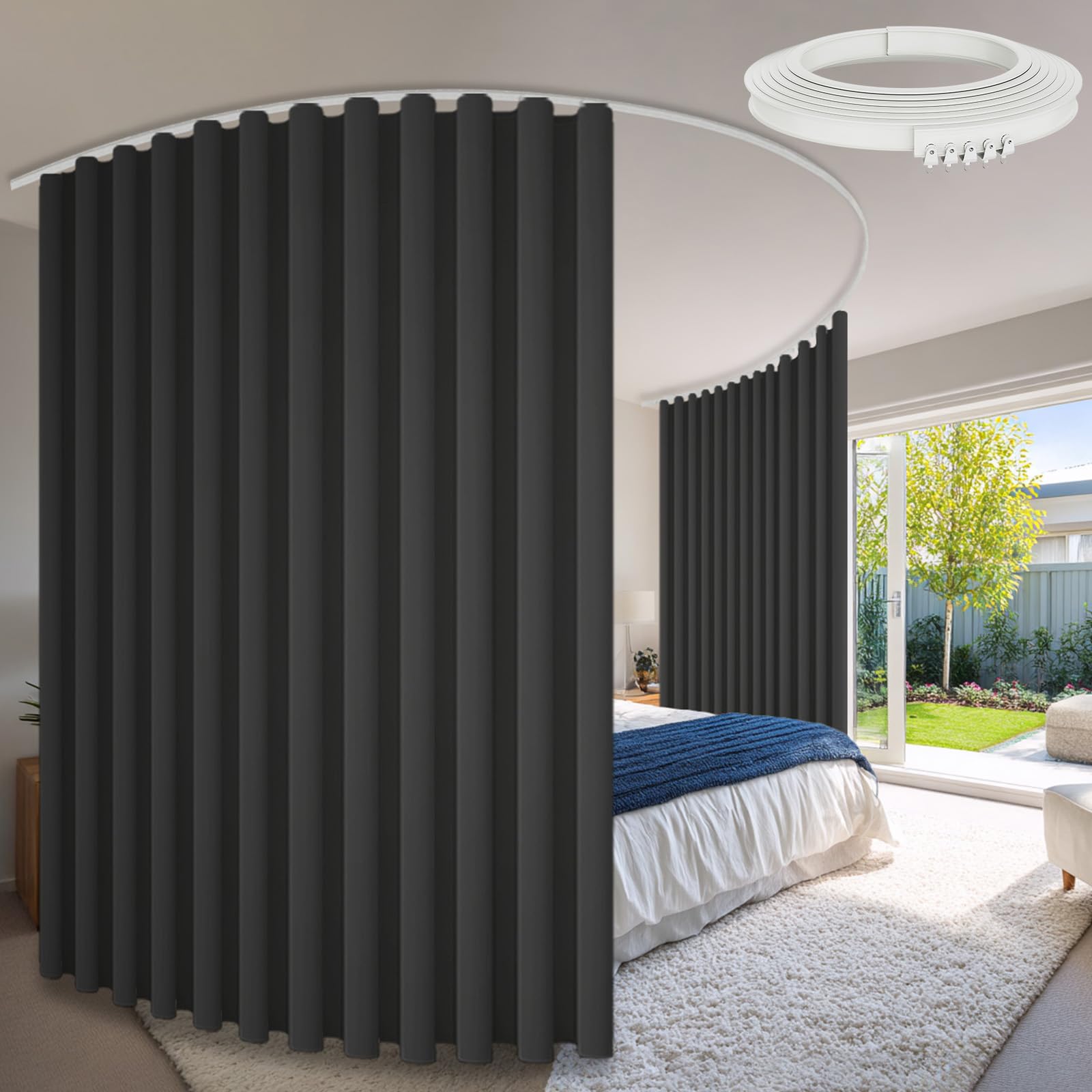 Room Divider Curtains &amp; Flexible Bendable Tracks Set,Privacy Dividers Ceiling Track Curtain Window Blackout Curtains for Living Room Bedroom (W100×H84 in 2 Panels Grey Drape &amp; White Rail 16.4FT/5M)