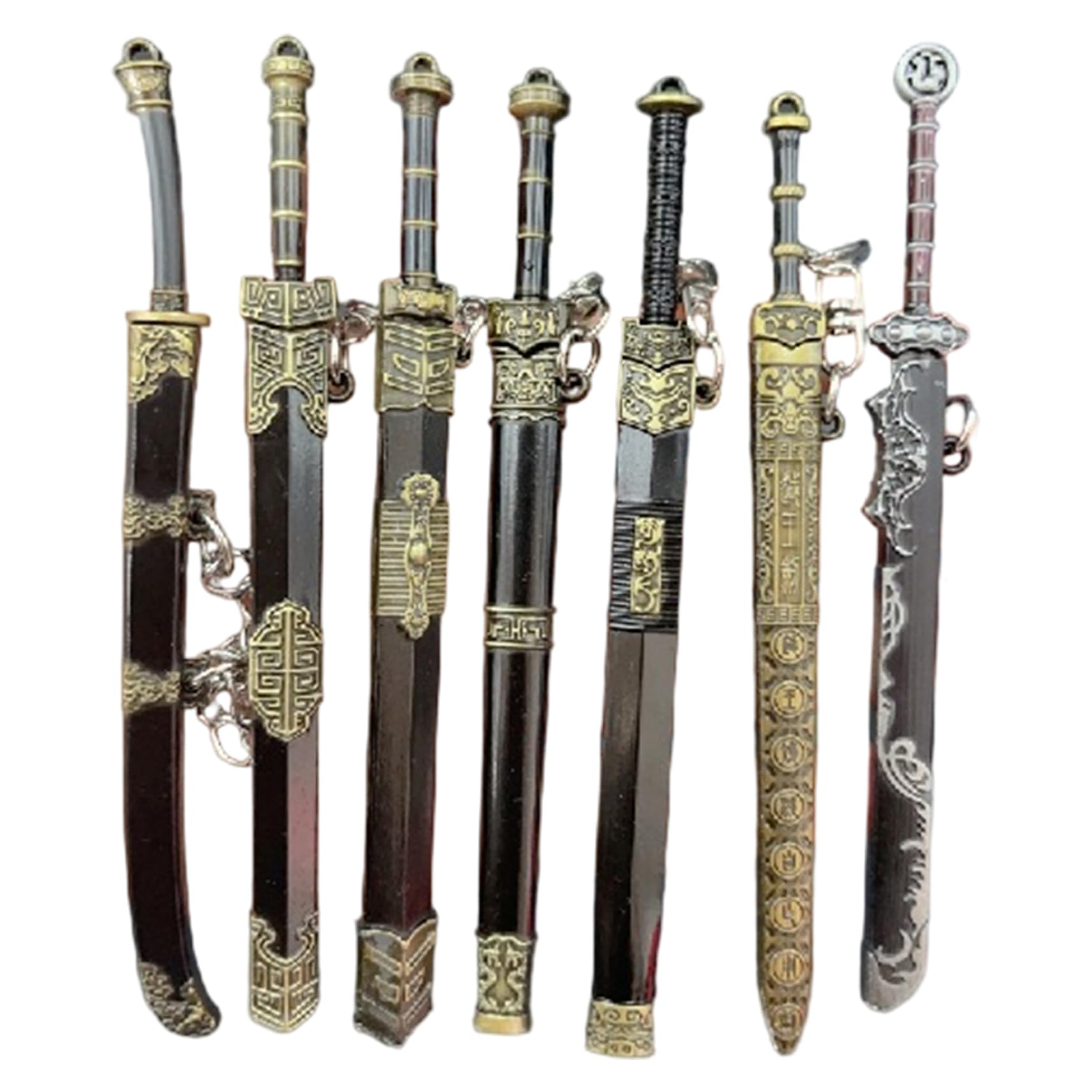 Peosaard Unisex Assorted Color Sword Keychain, 7Pcs Mini Sword With 1Pc Display Bracket 5 Inch Chinese Ancient Keychain Deocrative Hanging Charm For Purse, Backpack, Key