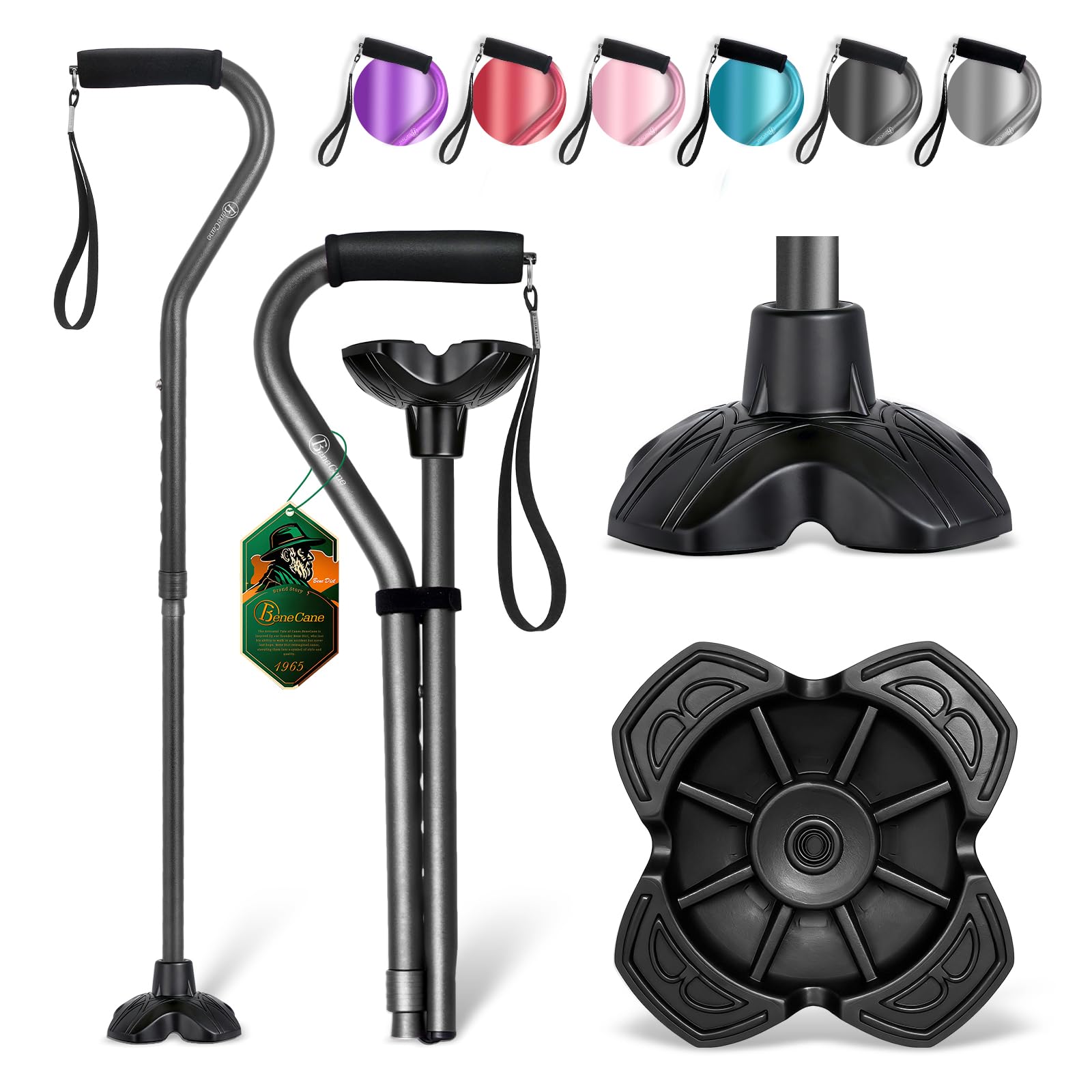 BeneCane Walking Cane Adjustable Cane with Offset Soft Cushioned Handle for Men & Women Lightweight Comfortable Extra Stability Base Mobility Aid for