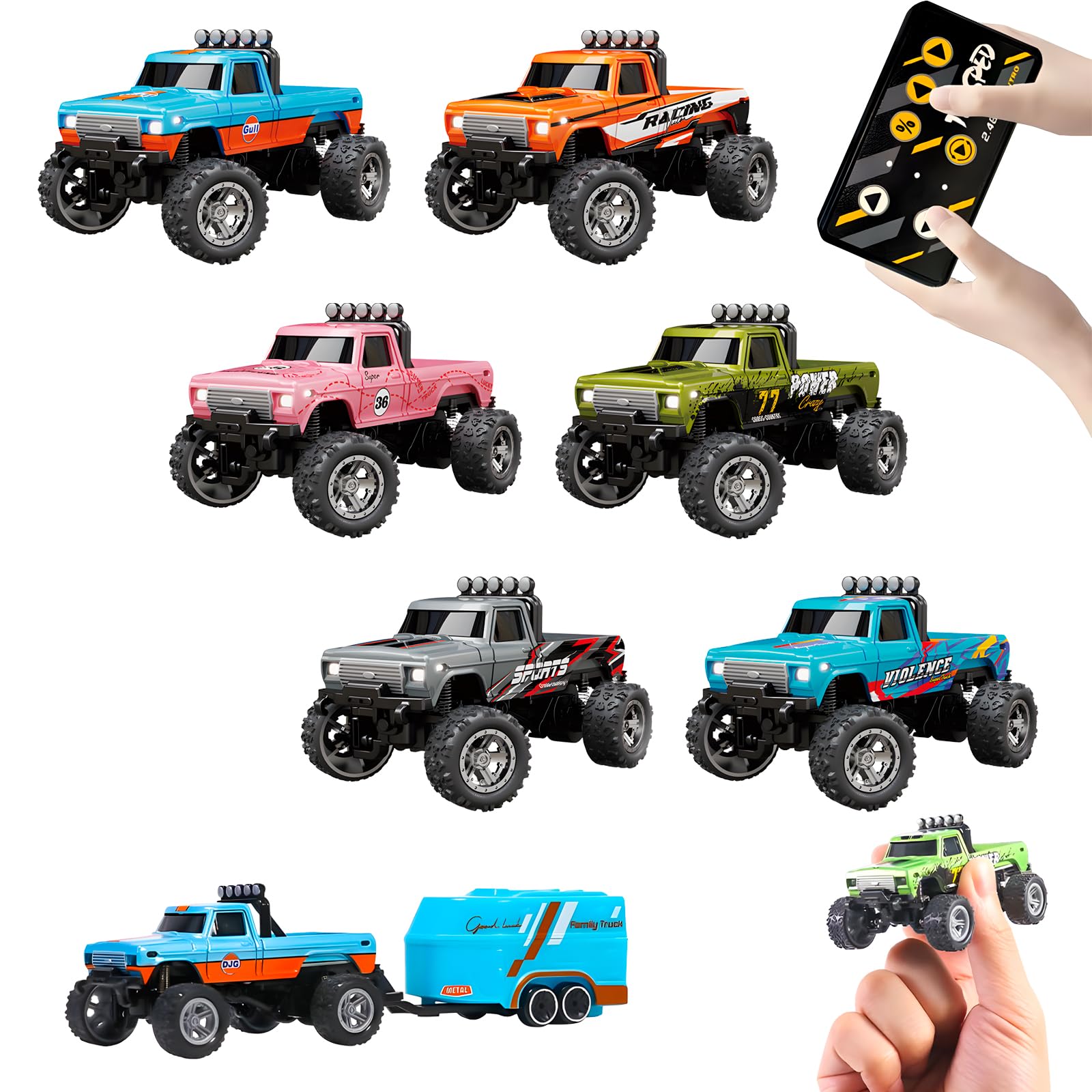 Mini RC Monster Truck, 1:64 Scale Remote Control Car with Lights, 2.4Ghz Remote Control, Alloy Monster Truck Rc with Trailer, Speed/Steering Adjustable (6Pcs)