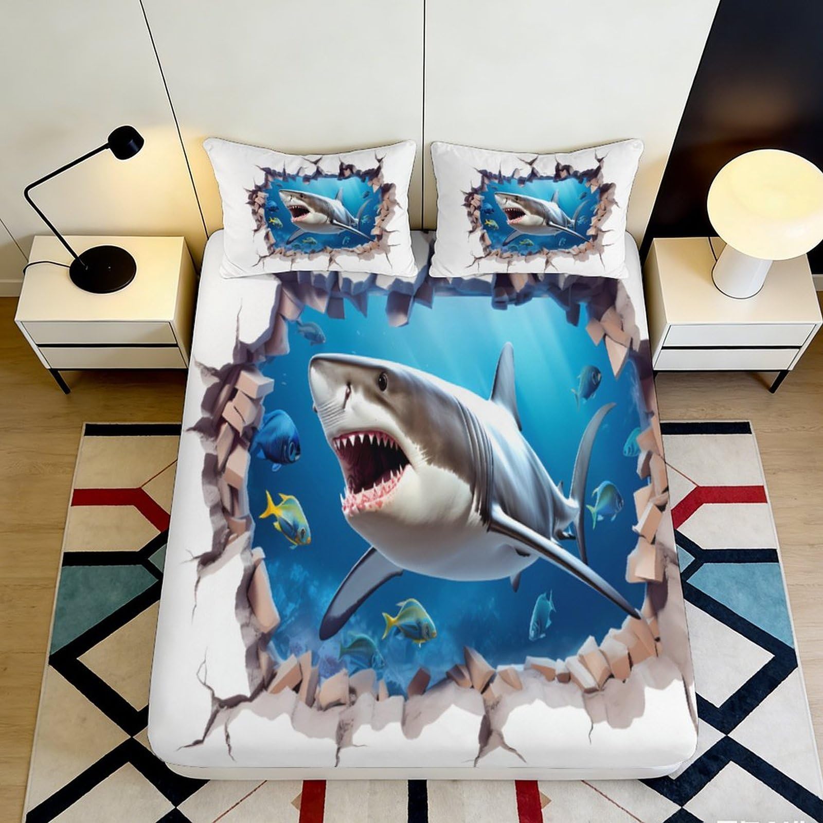 3D Printed Shark Ocean Fitted Sheet Microfiber Soft Breathable Underwater Fish Bed Cover for Bedroom Dorm Mattress Protection Decor 90x200x25cm