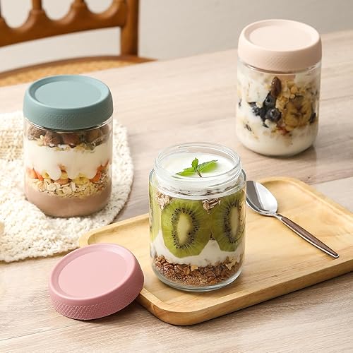 Miniatura 6 de NETANY Paquete de 3 tarros de vidrio de 16 onzas con tapas herméticas, recipientes de avena con tapas, tarros de ensalada Mason de boca ancha,
