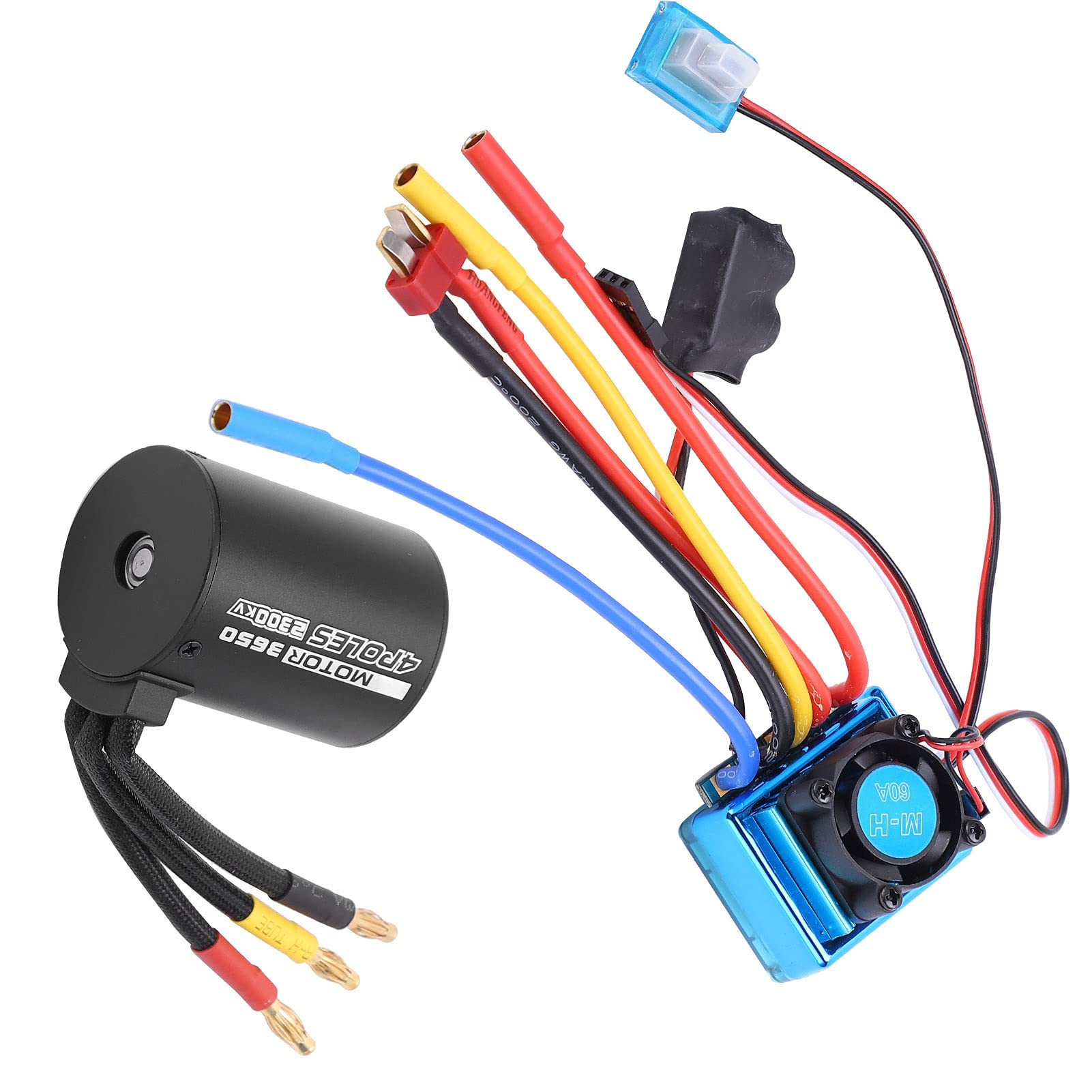 RC 3650 2300KV Motor Brushless Waterproof, 60A ESC Combo for 1/10 RC Car, 4 Poles High Torque 900W Motor with CNC Aluminum Heat Sink, Compatible with 2 - 3S LiPo