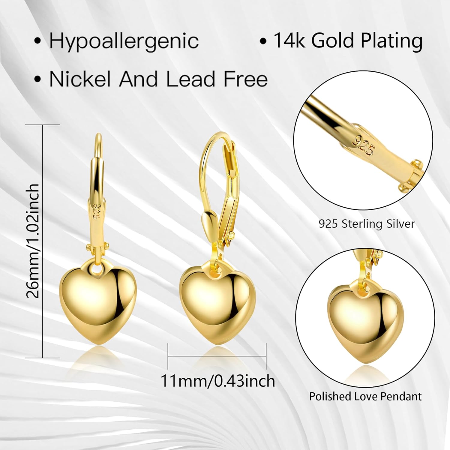 925 Sterling Silver Heart Dangle Earrings for Women Silver Dangle Leverback Earrings Hypoallergenic Love Heart Dangle Drop Earrings for Jewelry Gifts - Image 3