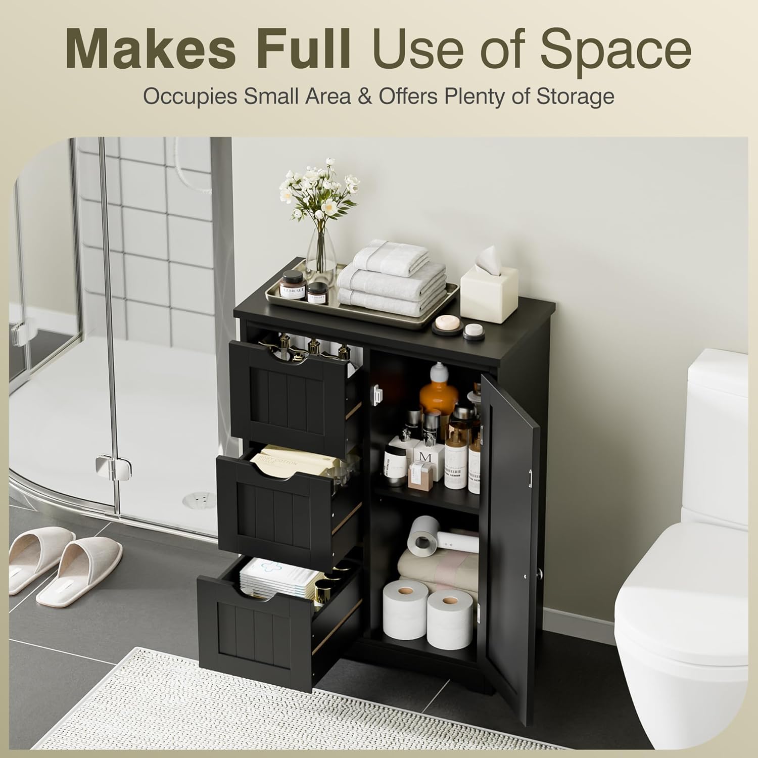ZENY Bathroom Floor Storage Cabinet, Freestanding Bathroom Storage Unit with 3 Drawers, 1 Adjustable Shelf, 11.8 x 23.6 x 31.4 Inches (Black)