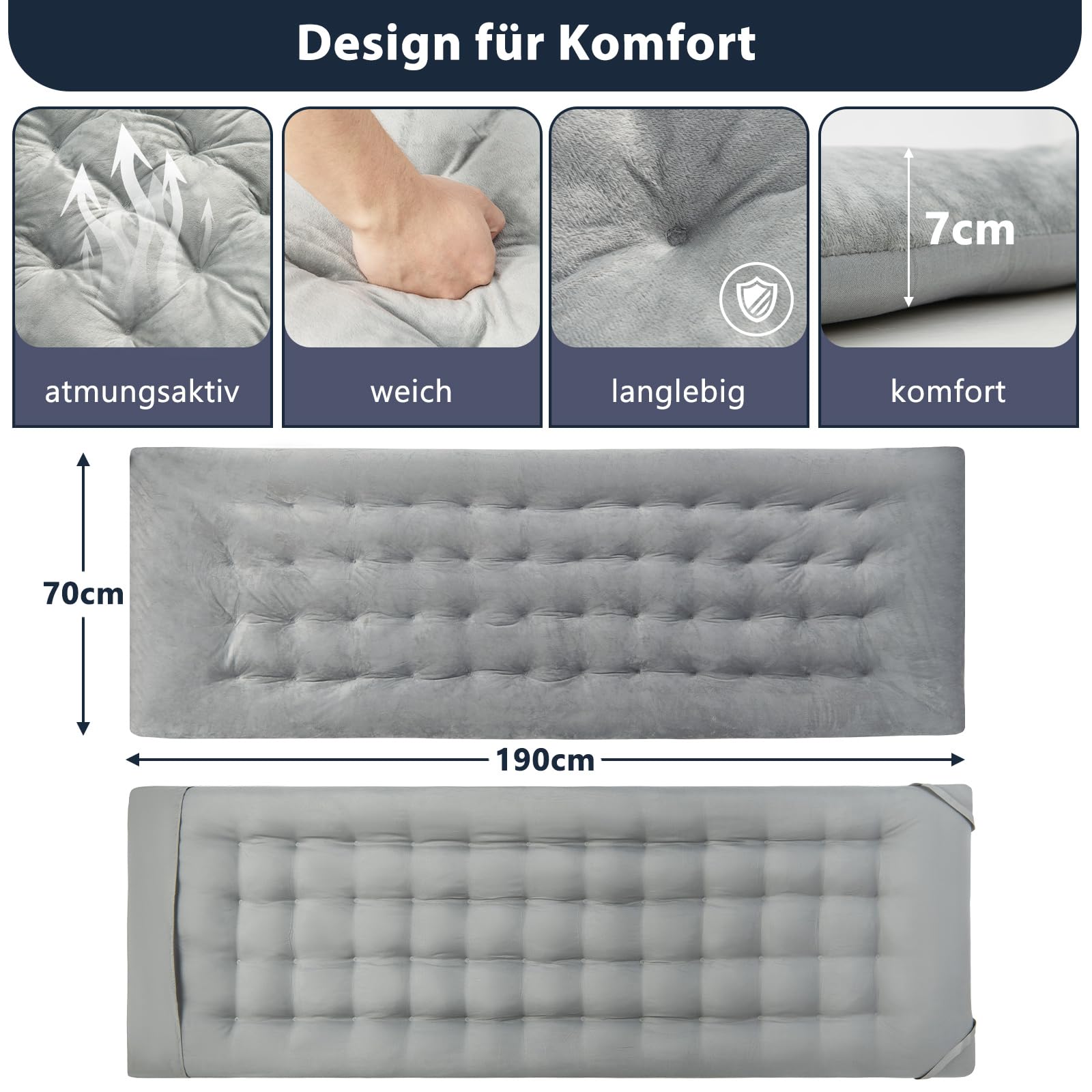 COSTWAY Baumwolle Feldbett Auflage, 7 cm Dicke Martratze mit Befestigungsbändern, Mehrzweck für Campingbett, Sonnenliege, Gartenliege, 190 x 70 cm, Grau