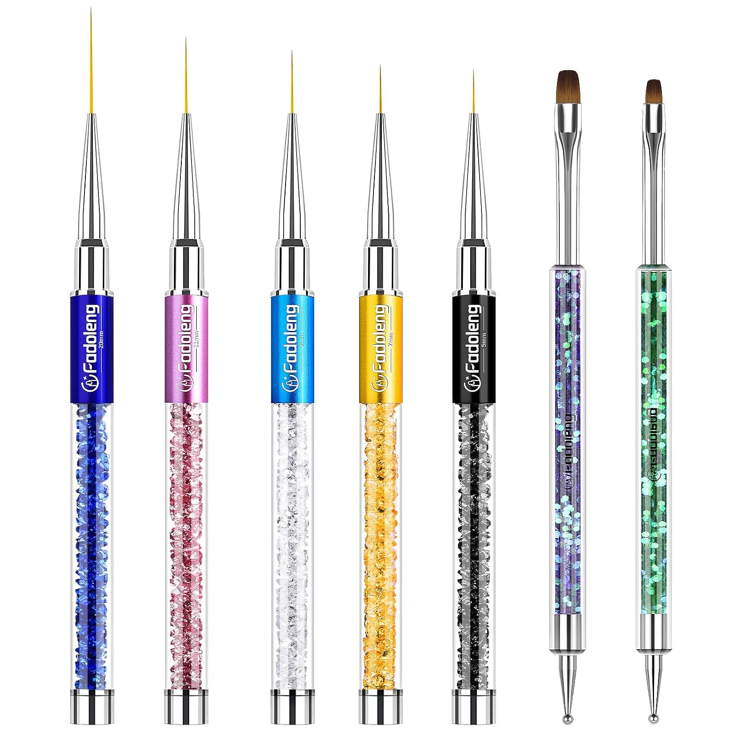 Nail Art Brushes, 7Pcs Nail Design Brushes for Salon at Home DIY Manicure with Nail Liner Brush and Double-ended Fine Nail Art Pen (7/9/11/15/20mm)