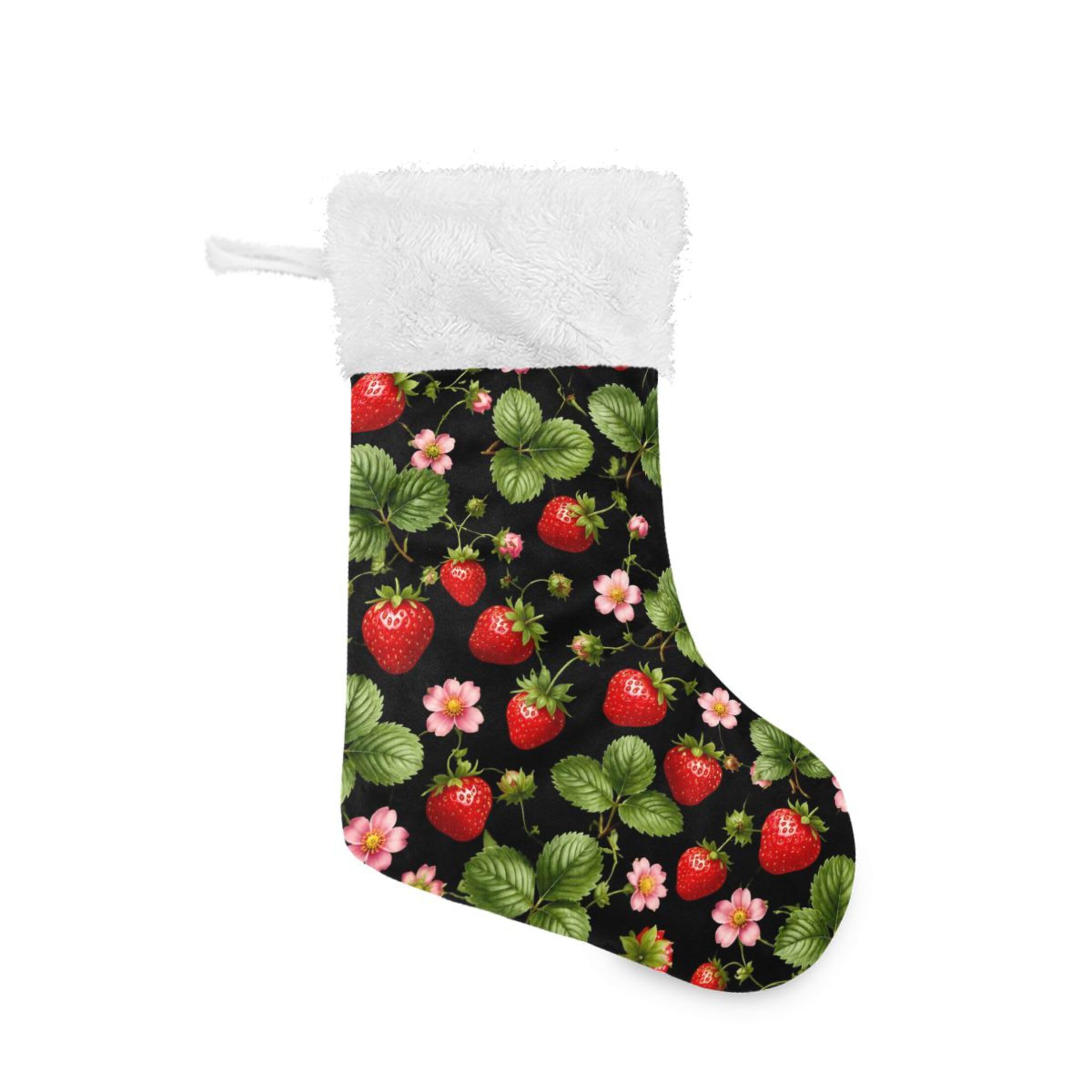 Fuauuyl Strawberry Christmas Stocking 18 In Xmas Hanging Stocking with Plush Cuff for Family Holiday Party Fireplace Decorations, 1 Pack