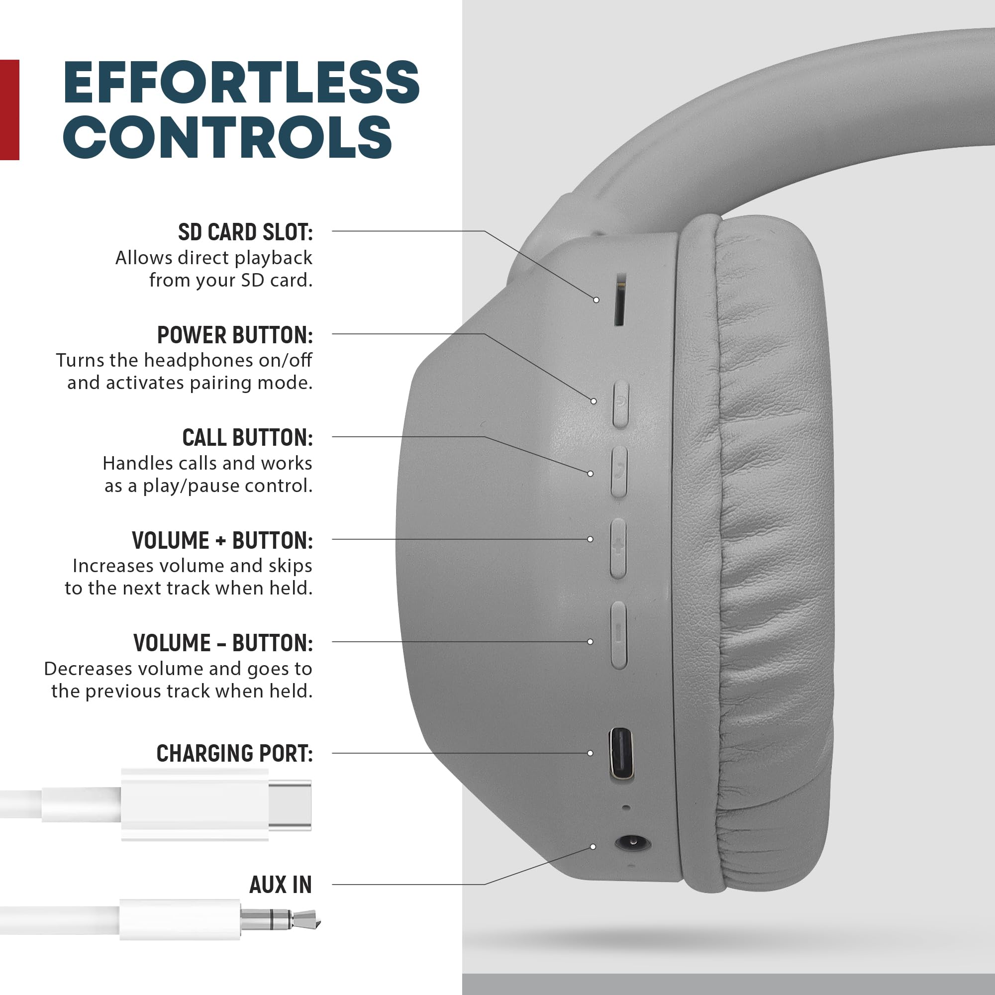 Gabba Goods Aura Premium Wireless Over-Ear Headphones, Built-in Mic, SD Card, High-Res Audio, 6H Playtime, for Travel, Home, Work TV,PC,Gaming,Cellphone (Grey)