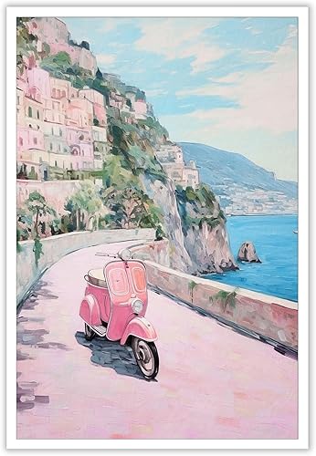 Miniatura 1 de Quark Arte de pared retro de la costa de Amalfi, decoración costera rosa italiana, decoración costera italiana, pastel, Vespa, paisaje, decoración