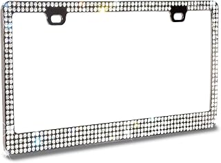 Premium 6 Rows White/Clear(A-Type Screw Cap) WB Real Crystal Rhinestone Embedded-Metal Smoke/Black License Plate Frame