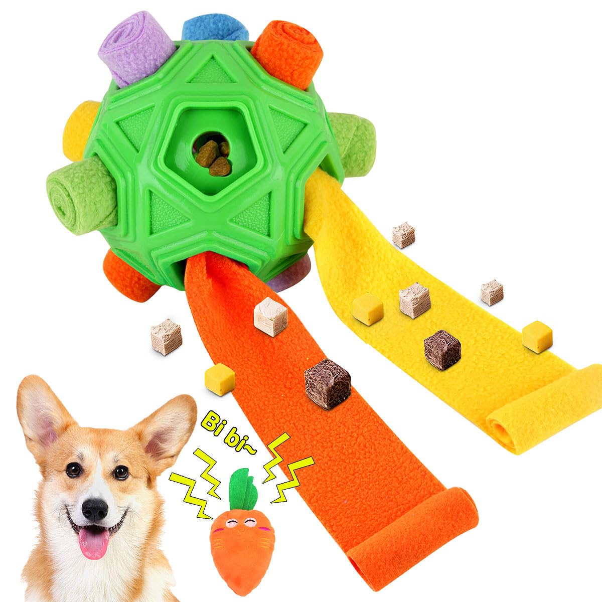 Dog Snuffle Ball-Interactive Puzzle Dog Toys Encourage Natural Foraging Skills Slow Feeder for Training and Stress Relief, Cloth Strip Hiding Food Chew Toys with Squeaky Carrot Toy for Any Size