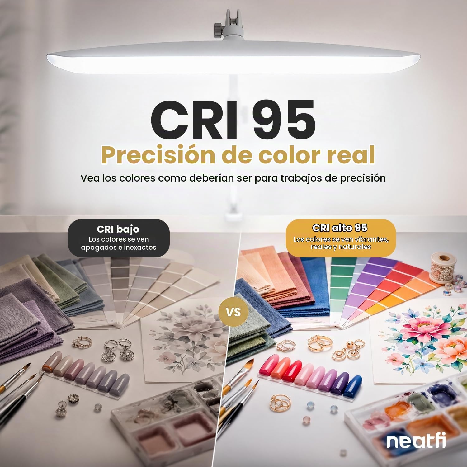 Neatfi Pro Series Lámpara LED de Escritorio – Precisión de Color Real (CRI 95) | 2.200 lúmenes | Modos CCT ajustables | Cabezal Ancho de 51 CM | Regulable con brazo ajustable y abrazadera (Blanco)