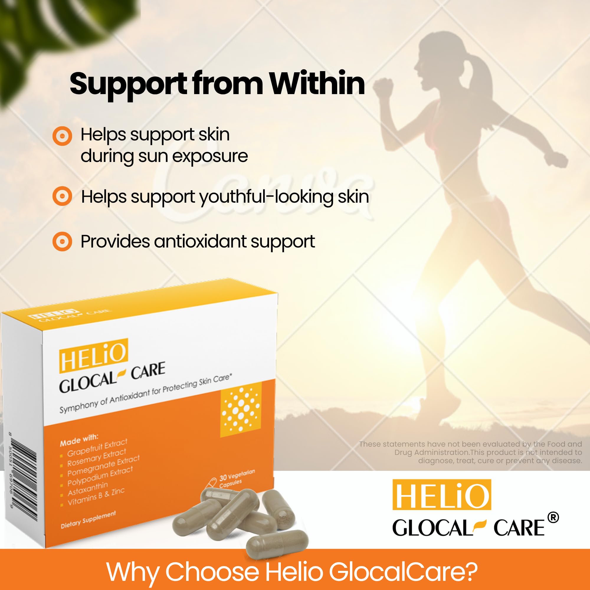 GlocalCare Helio Antioxidant-Rich Sun Defense & Skin Rejuvenation Supplement with Polypodium, Nutroxsun, Astaxanthin & Pomegranate Extract - Fights Photoaging & Oxidative Stress - 30 Capsules — Amazon image 6