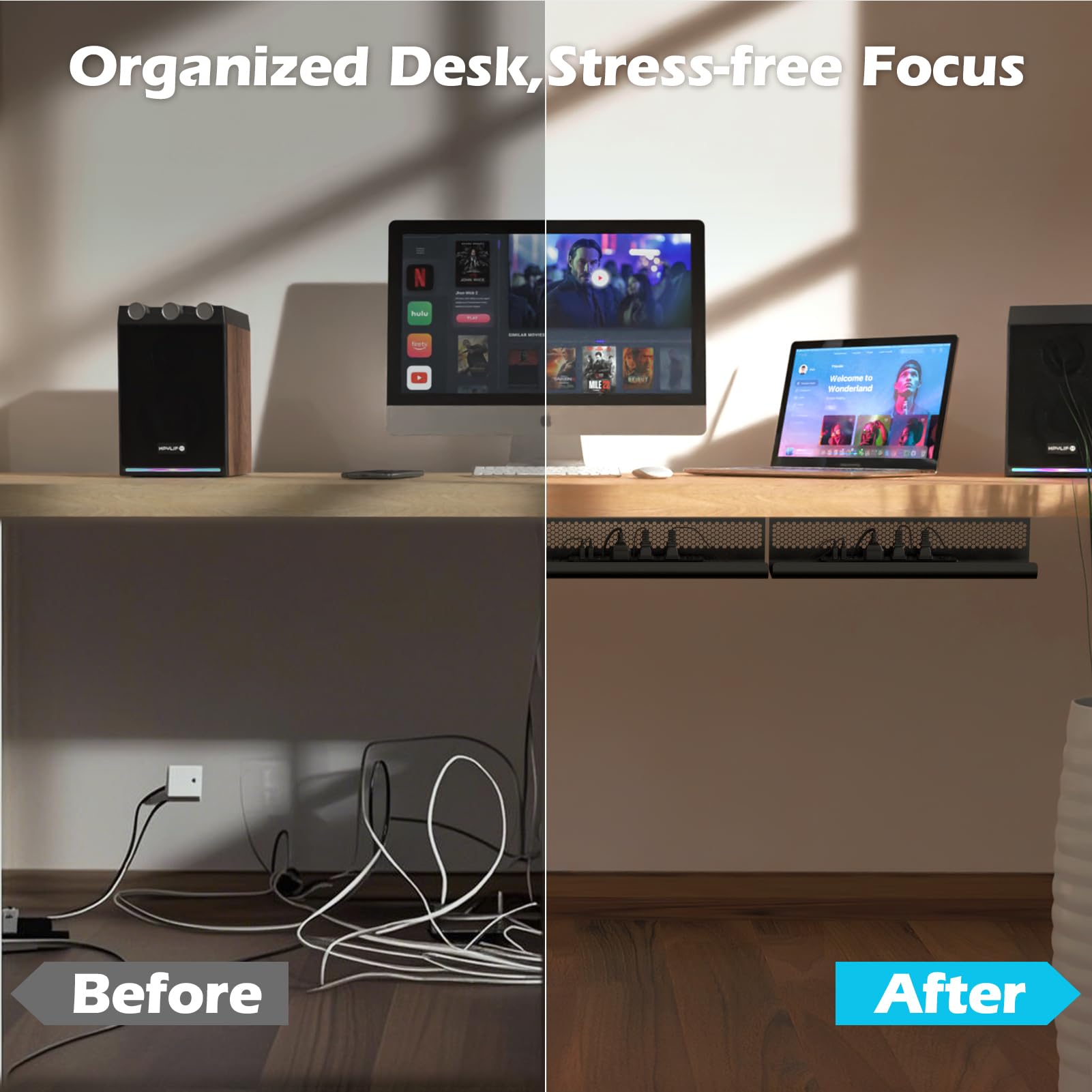 KHAMAL Organizador de cables debajo del escritorio, 26 piezas, kit de bandeja de gestión de cables, diseño hexagonal ventilado con clips de cables, bridas de alambre, soporte de cables y tornillos