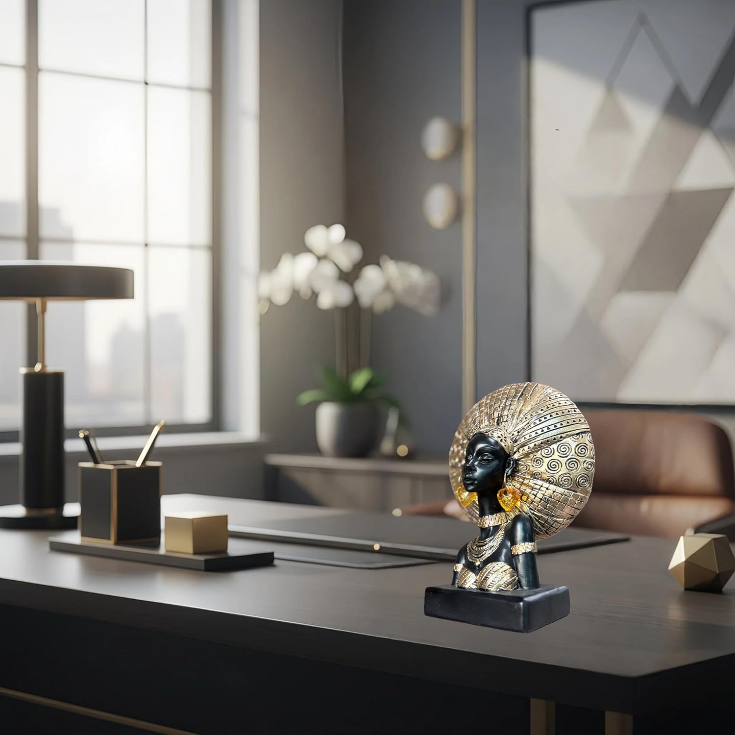 African Woman Statue with Gold Sunburst Headdress – Resin Figurine with Tribal Jewelry, Afrocentric Home Decor Accent, Cultural Sculpture Gift for Women - Image 7