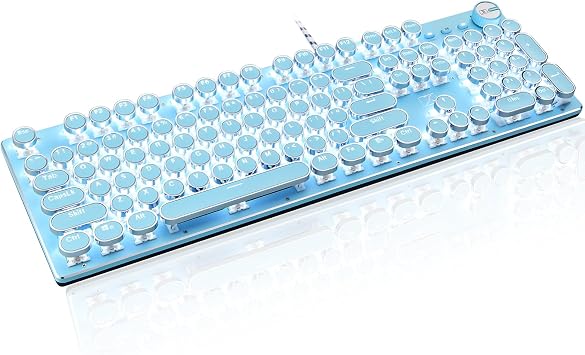 LexonElec Typewriter Style Retro Mechanical Gaming Keyboard, Vintage Steampunk with White LED Backlit, Wired 104-Key Blue Switch Cute Keyboard, Round Keycaps Knob Control for PC/Laptop/Mac Blue