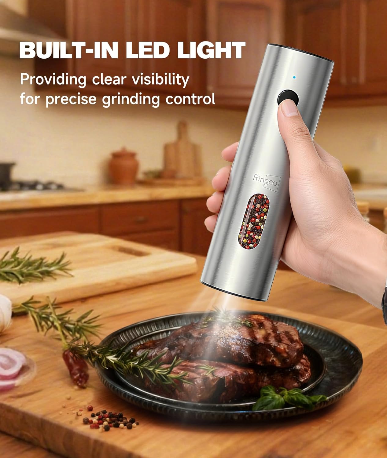 Ringco Electric Salt and Pepper Grinder Set with Charging Base, Rechargeable Salt and Pepper Mill with Adjustable Coarseness, LED Light, 110ml Large Capacity for Kitchen, Outdoors, Gifts for Women