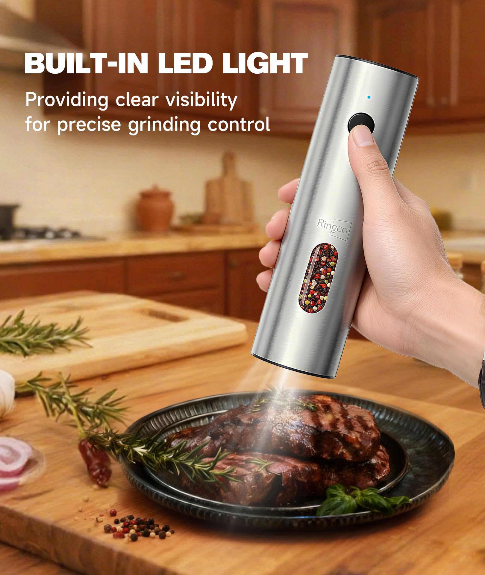 Ringco Elektrische Salz- und Pfeffermühle Set mit Ladebasis, Wiederaufladbare Salz- und Pfeffermühle mit einstellbarer Grobheit, LED-Licht, 110 ml Große Kapazität für Küche, Outdoor