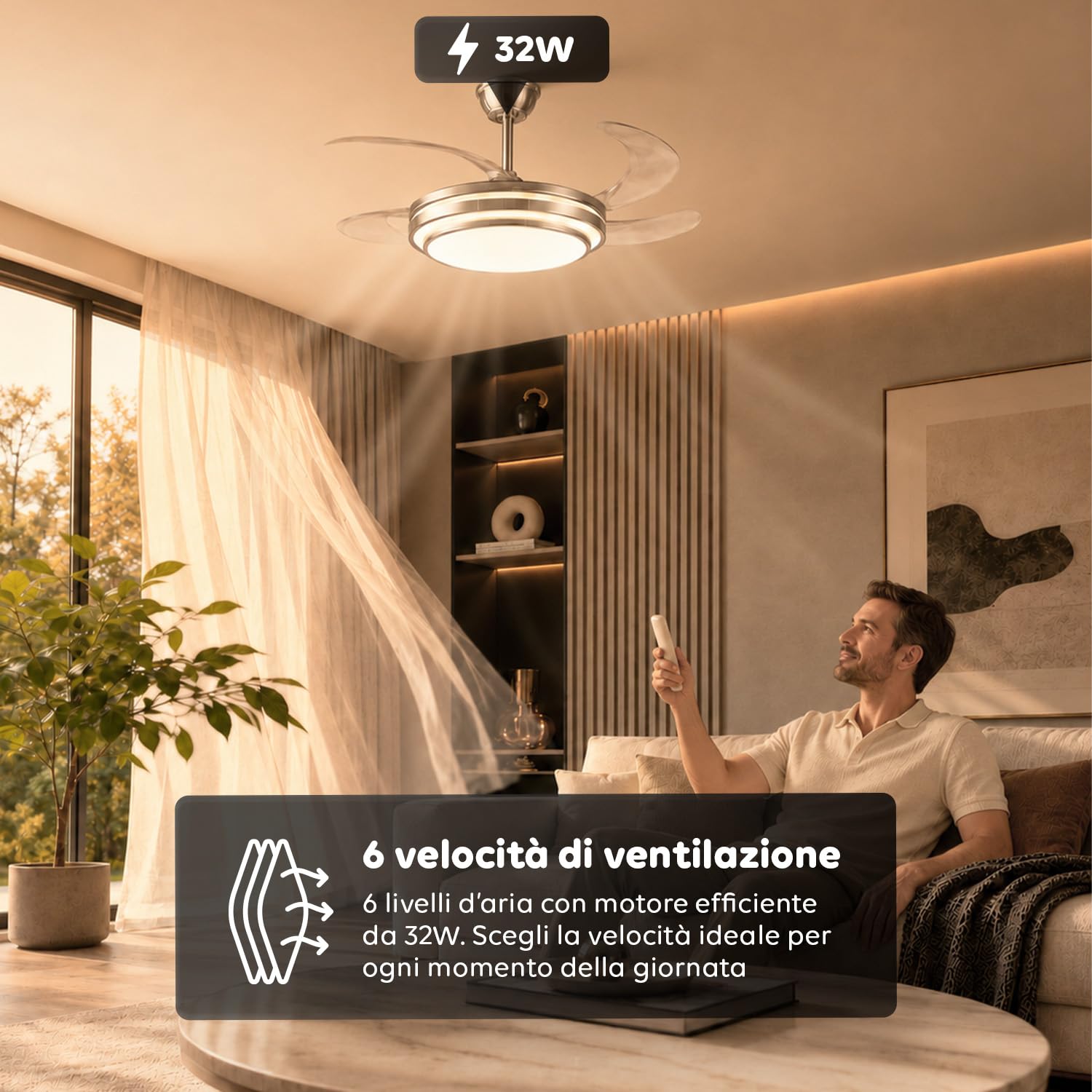 Avilia - Ventilatore da Soffitto con Pale Retrattili - Diametro 106 cm in Ferro/ABS - LED 72W Dimmerabile 3 Tonalità di Luce Integrata Calda Naturale e Fredda - 6 Velocità, Telecomando e Timer 2h