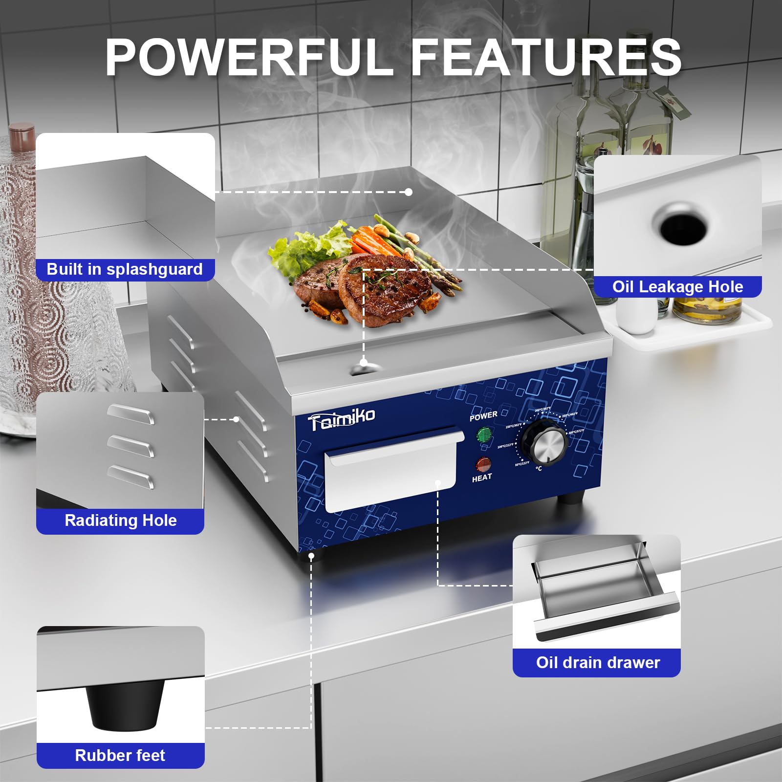 TAIMIKO Griglia elettrica liscia 1700 W Griglia elettrica in acciaio inox in ghisa Gastro Griddle Controllo preciso della temperatura
