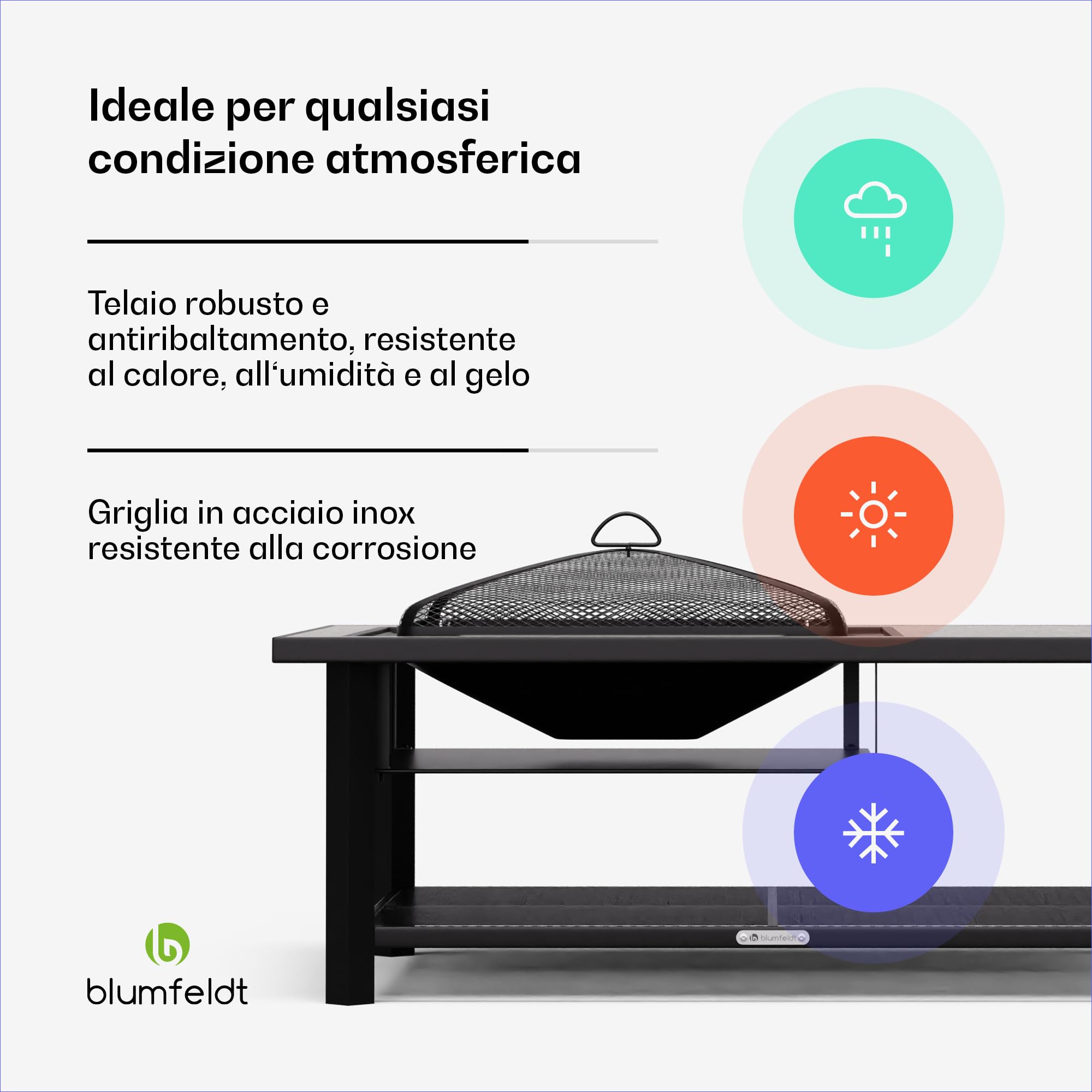 blumfeldt Merano Avanzato L Braciere da Giardino - 3-in-1 Braciere Barbecue & Tavolo, Telaio in Acciaio, Piano in Terrazzo, Include Griglia, Attizzatoio, Parascintille & Coperchio, Nero
