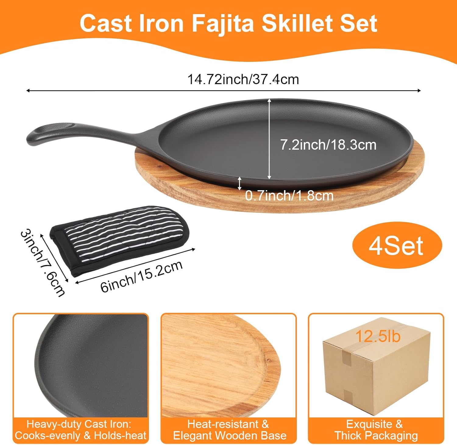 4 Sets Cast Iron Fajita Skillet Set Sizzling Plate with Wooden Base & Anti Scald Protection Hot Handle Cover, Cast Iron Skillets Set for Home Barbecue Kitchen Party Restaurant Catering Service
