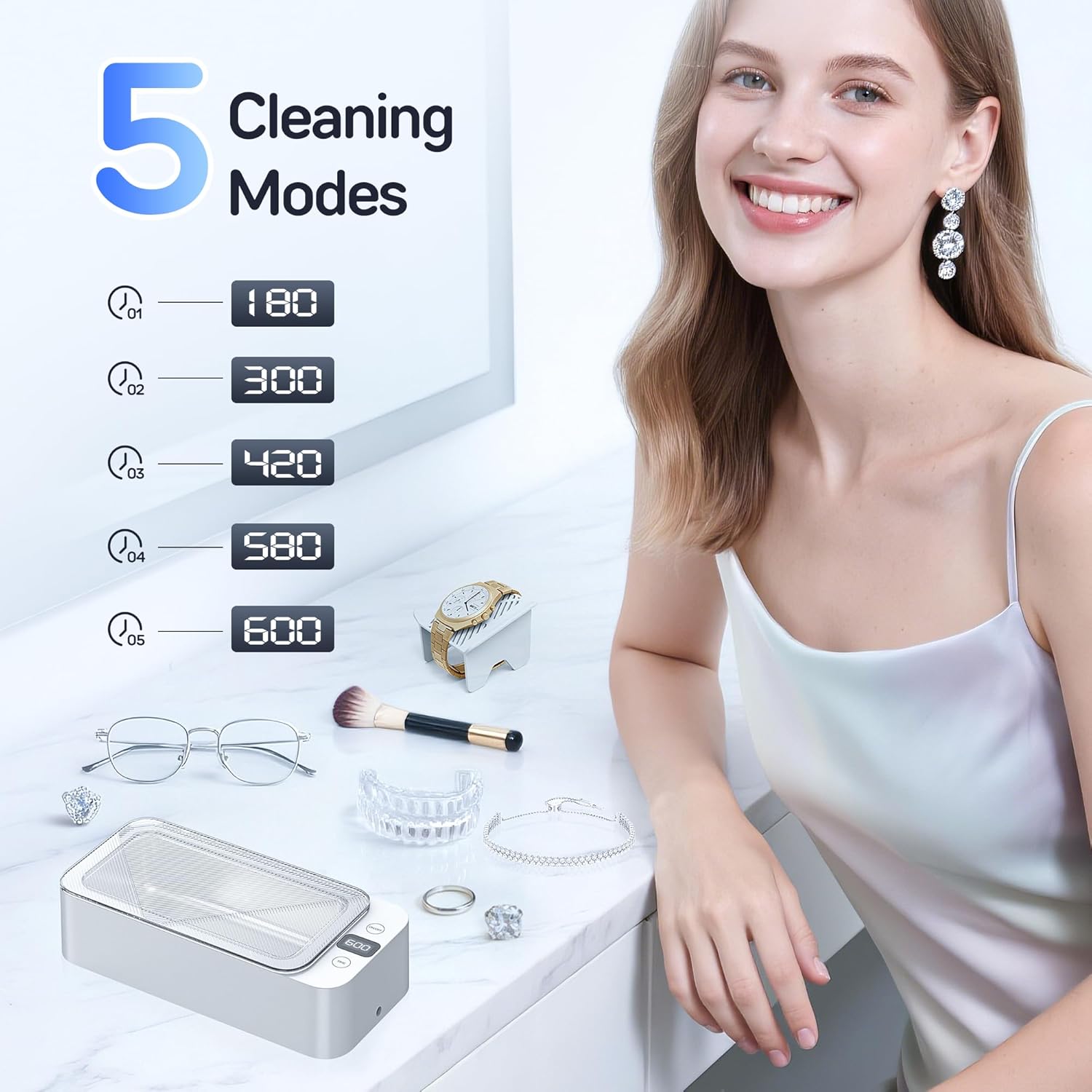 Ultrasonic Jewelry Cleaner, 50khz Professional Ultrasonic Cleaner Machine for Jewelry, Eyeglasses, Watches, Dentures,5 Time Modes,316 Stainless Steel Tank,500ml Capacity (White).