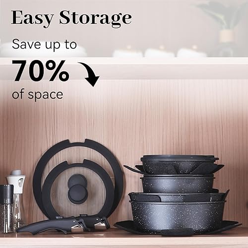 Miniatura 3 de Juego de 15 piezas de ollas y sartenes antiadherentes, juegos de utensilios de cocina con mango desmontable, juegos de utensilios de cocina