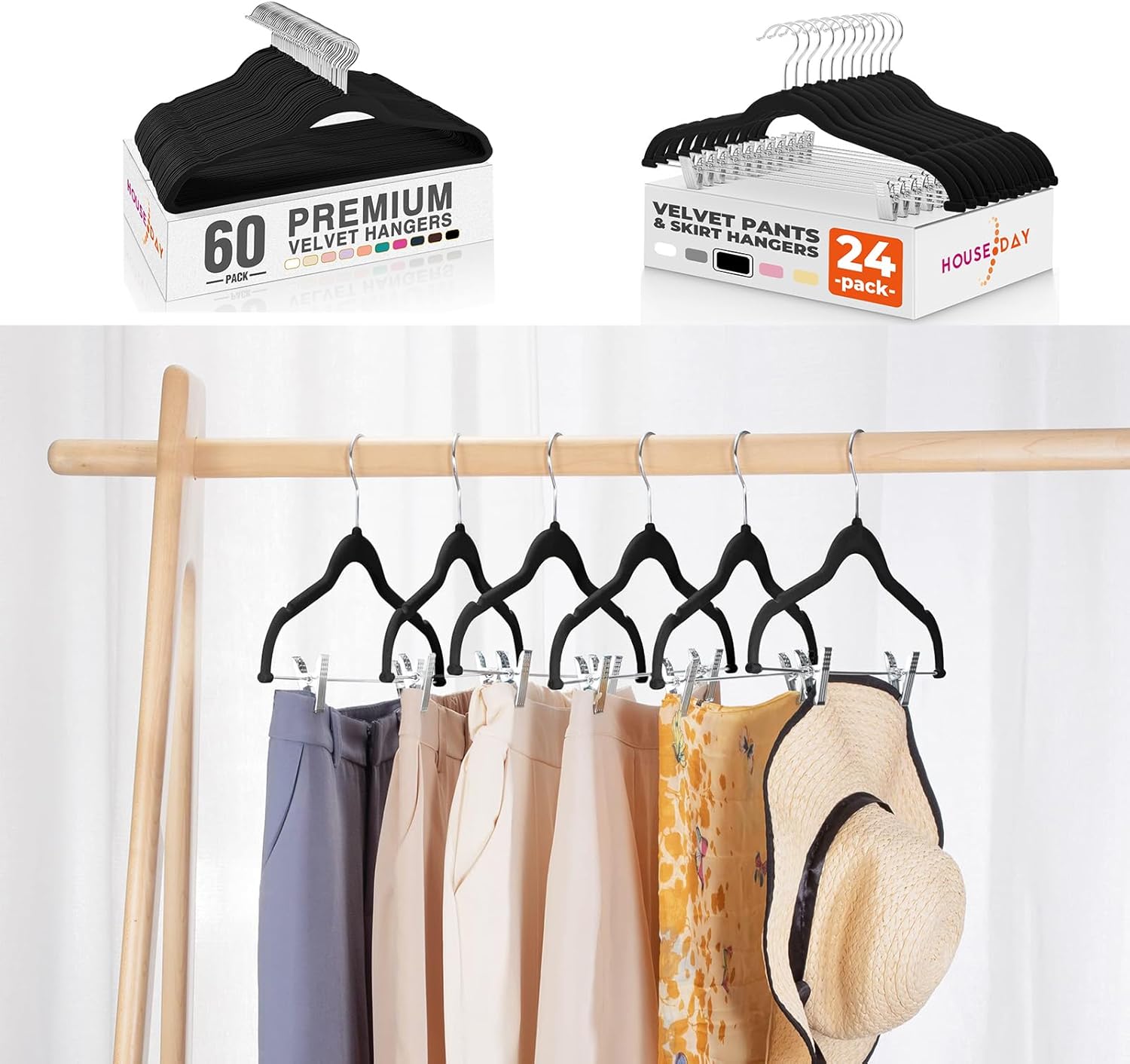 HOUSE DAY Black Velvet Hangers 60 Pack, Premium Clothes Non-Slip Felt Hangers, Velvet Skirt Hangers 24 Pack, Black Velvet Hangers with Adjustable Clips