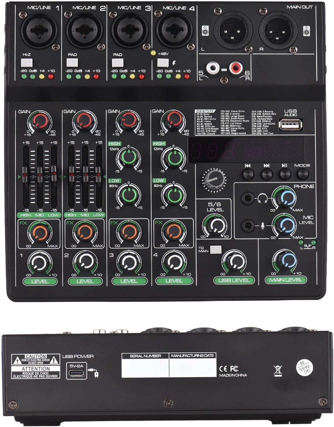 HUIOP Audio Mixer 6-Channel Mixing Console with 256 Effects 48V Phantom Power for Home Studio Recording DJ Network Live Broadcast Type-C Power Supply BT MP3 USB Recording Input Portable Sound Mixing