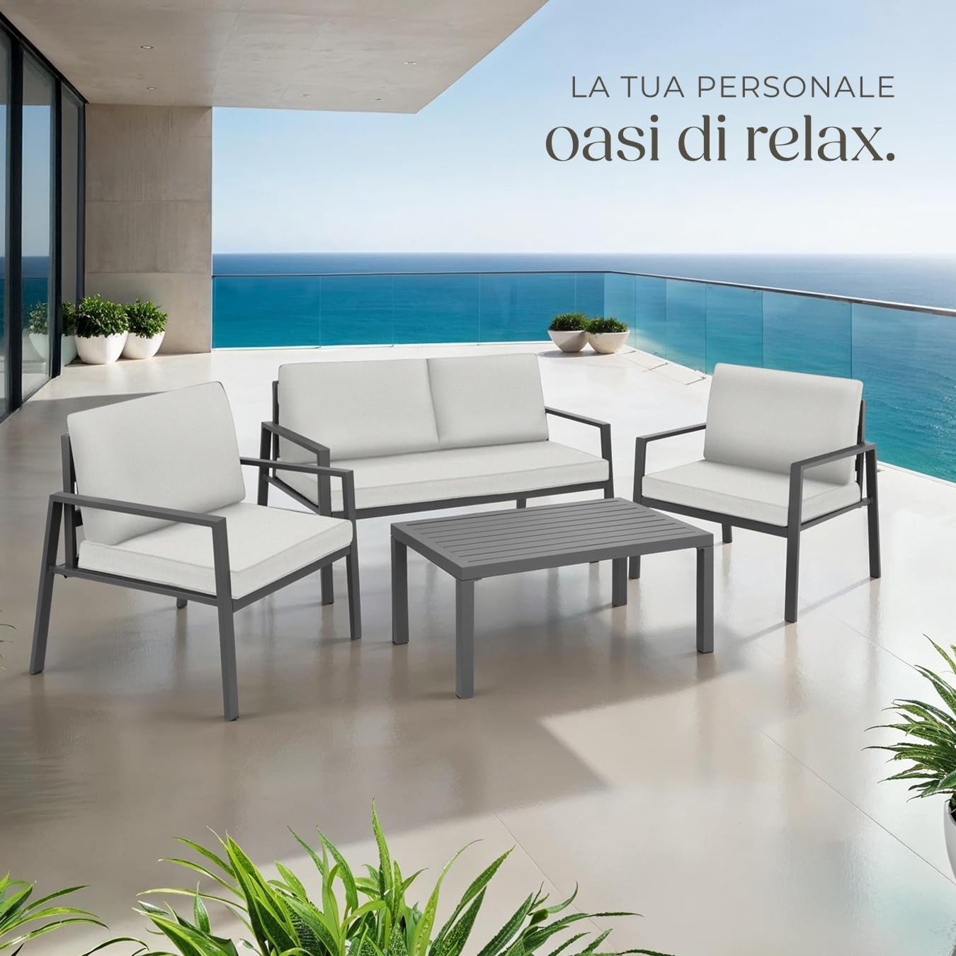 tectake® Salottino da Giardino, 2 Poltrone, 1 Divano e 1 Tavolo da Giardino con Piano a Lamelle, Telaio in Alluminio, Resistente alle Intemperie, Morbidi Cuscini Idrorepellenti - Grigio Chiaro
