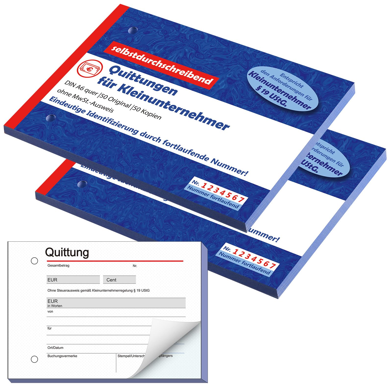 Nezyo Quittungsblock für Kleinunternehmer DIN A6 Gelocht 2 x 50 Blatt Selbstdurchschreibend Fortlaufend Nummeriert Eindeutige 7stellige Nummer Rechnungsblock mit Durchschlag(2 Stück, Horizontal)